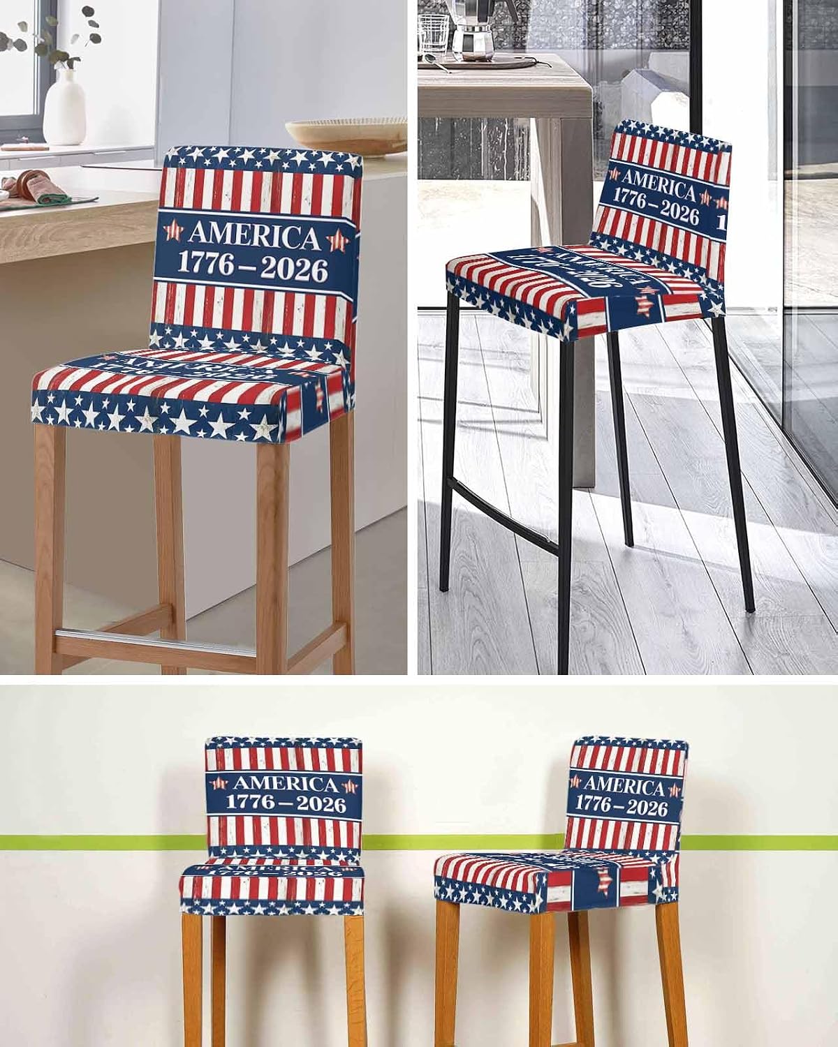 4th of July Bar Stool Covers 250th Anniversary Bar Chair Cover Set of 4 Stretch Elastic Chair Covers Patriotic Star Stripes Counter Height Chair Slipcovers Protectors for Kitchen Dining Room Pub Cafe