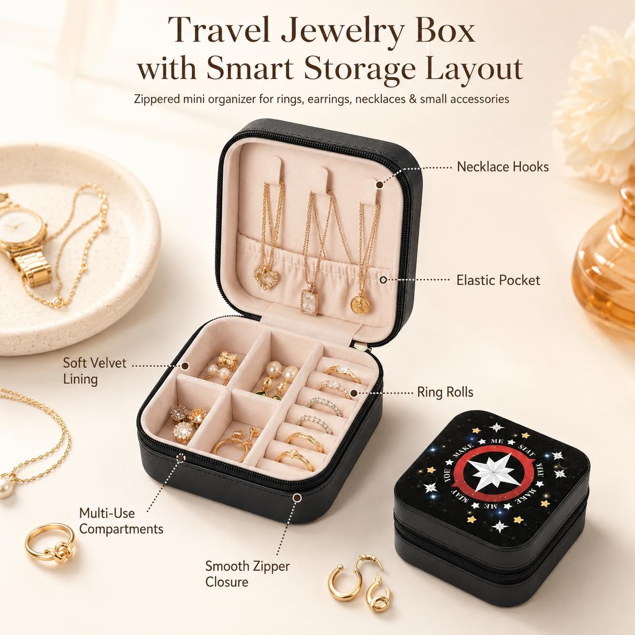 Star Compass Travel Jewelry Box Organizer - Small PU Leather Display Storage Case for Rings & Necklaces - Aesthetic Music Fan Merchandise Accessories Gifts for Women