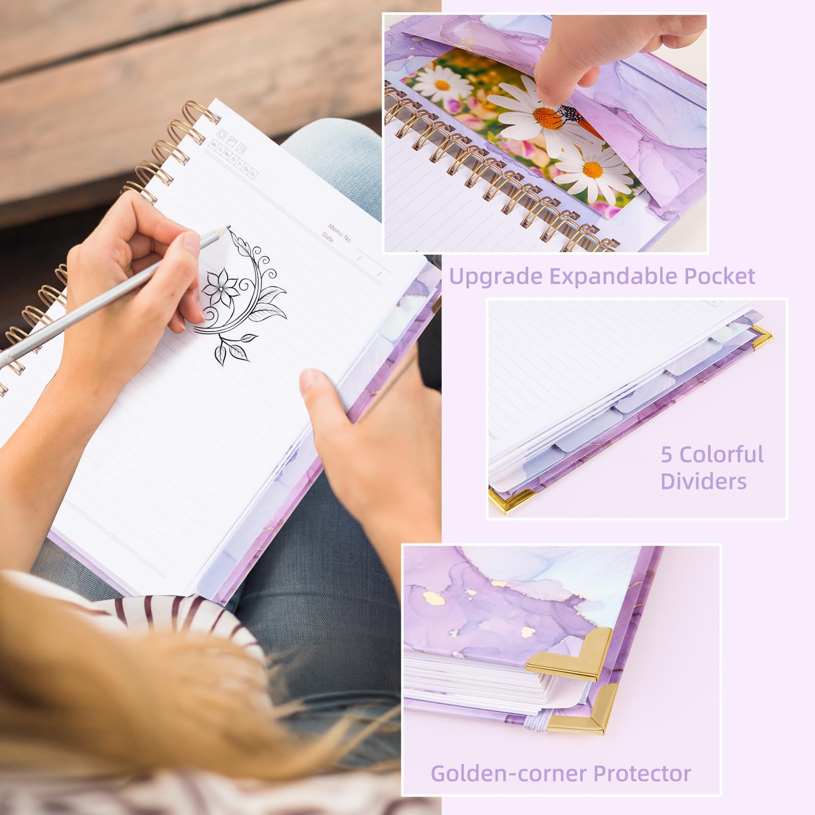 Quaderno a spirale A4 per lavoro, 300 pagine a righe, diario a spirale, 5 temi, riviste a righe universitarie per scrivere, 27,9 x 23,9 cm, quaderni per ufficio scolastico (rosa e viola)