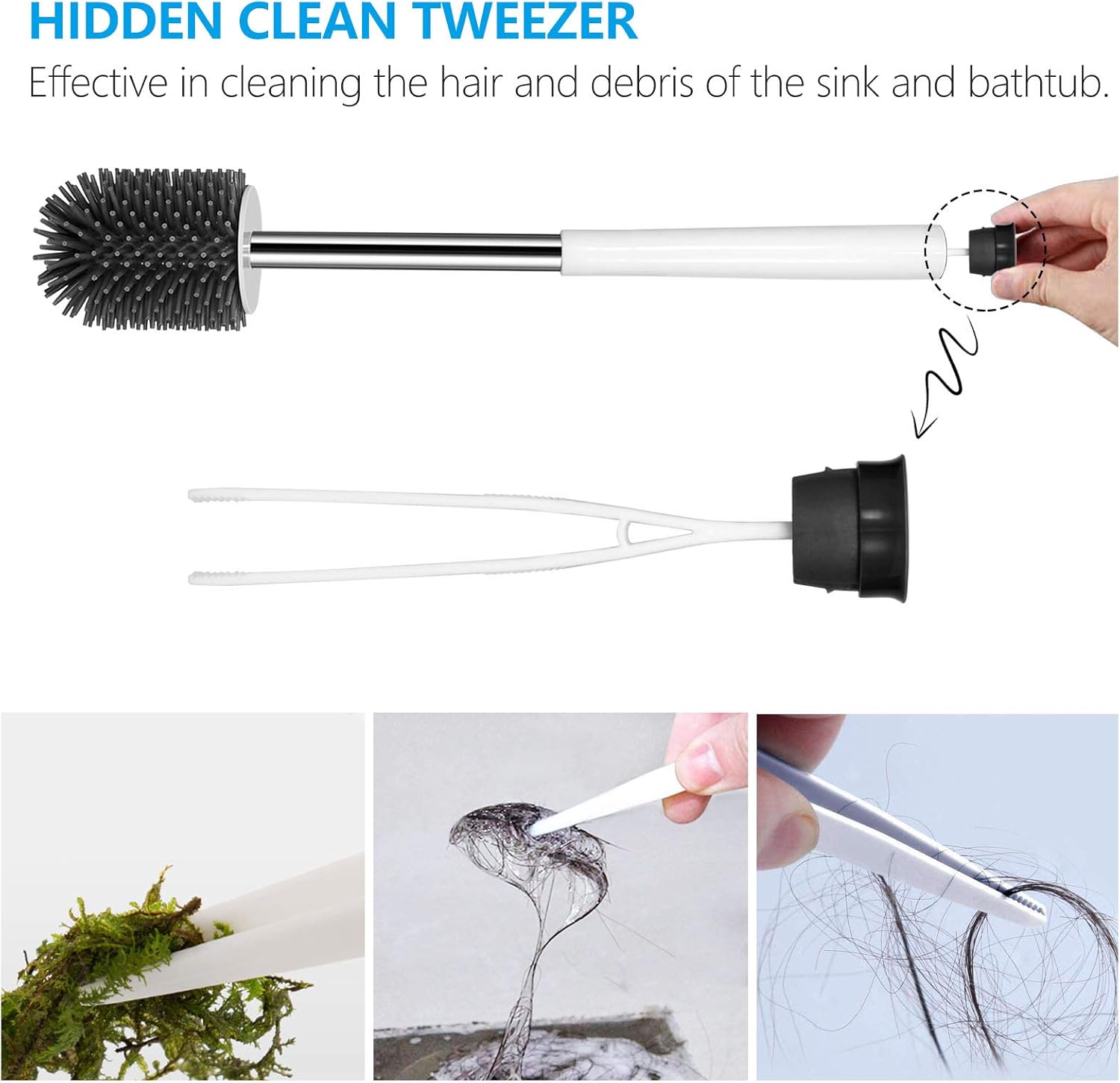 Toilet Brush and Holder Silicone Toilet Bowl Brush 304 Stainless Steel Brush Handle Bathroom Cleaning Bowl Brush Kit with Tweezers Sturdy Cleaning Toilet Brush : Health & Household