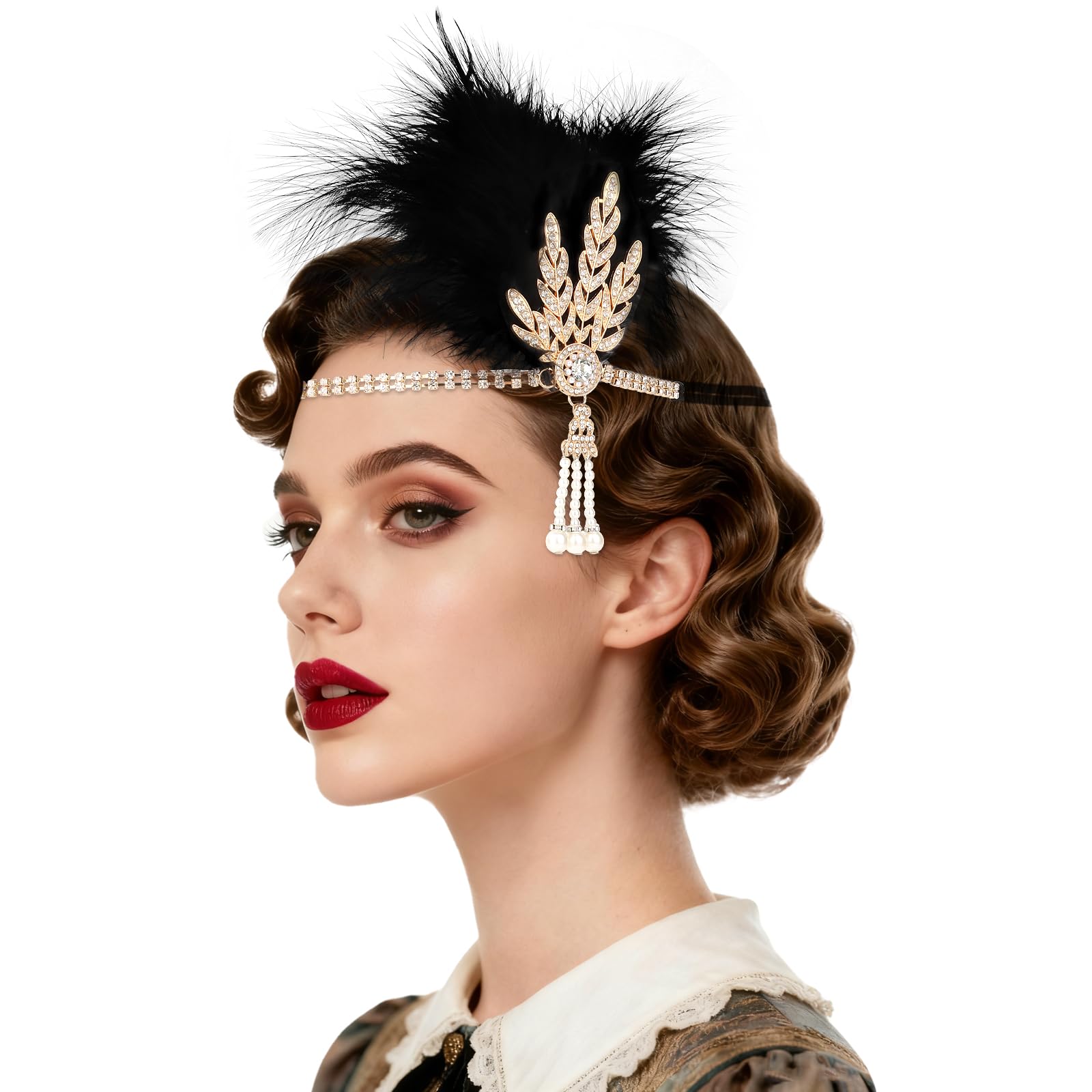 WHAVEL 1920s Flapper Feather Headband Black Roaring 20s Headpiece Great Gatsby Headpiece for Women Inspired Leaf Medallion Crystal Headband Masquerade carnival Wedding Accessories