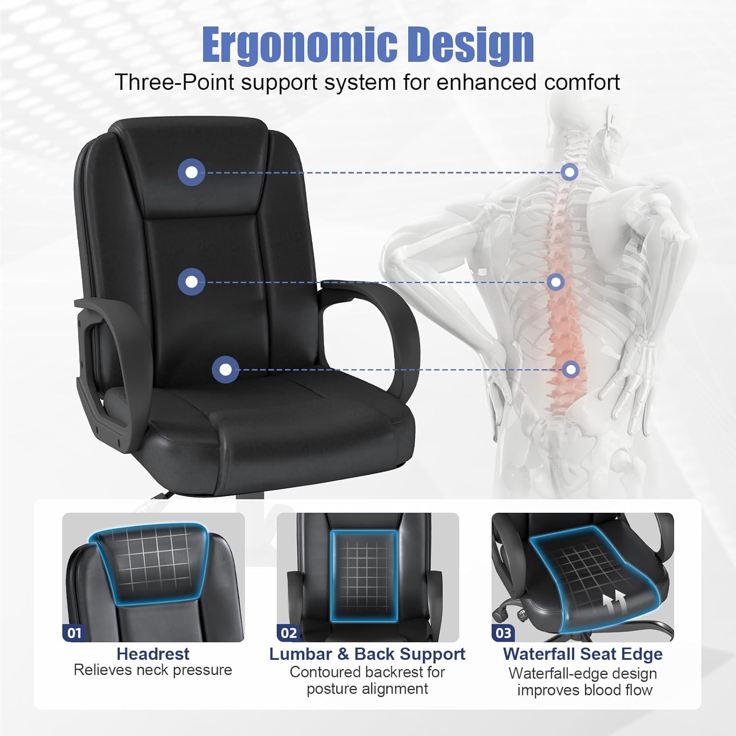 Executive Office Chair, Leather Desk Computer Chair with Armrests, Mid-Back Swivel Adjustable Ergonomic Design for Home Office, 6PC, Black
