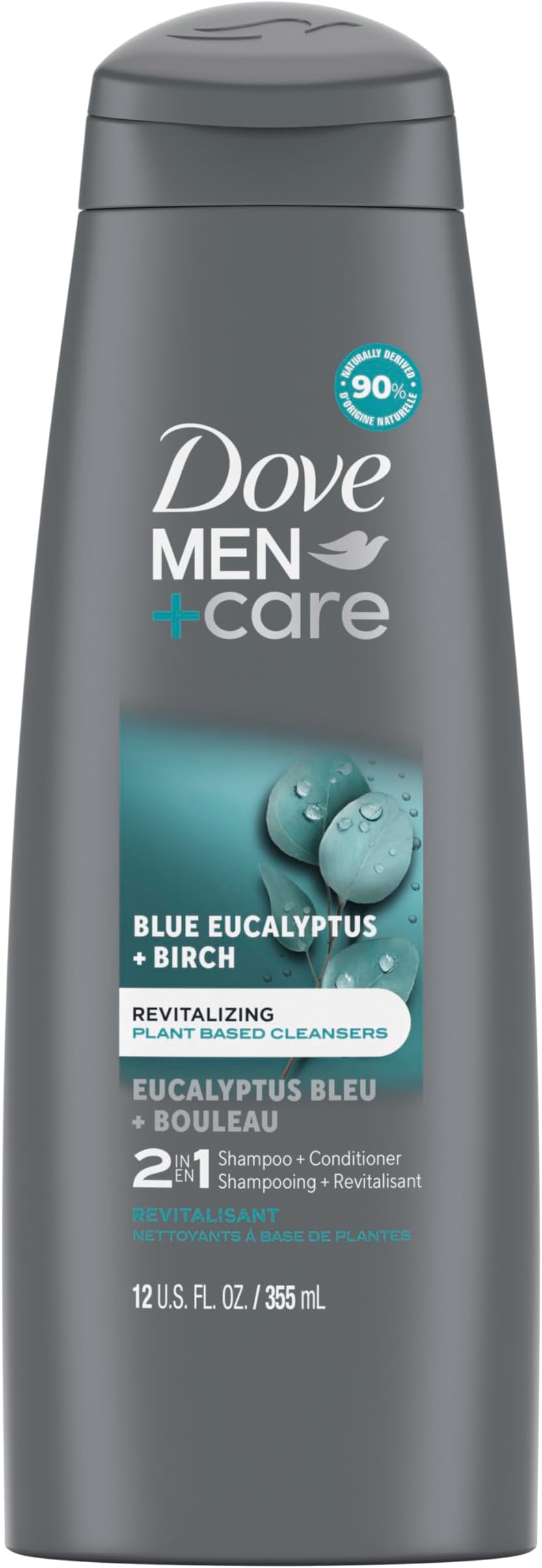 DOVE MEN + CARE 2 in 1 Shampoo & Conditioner Eucalyptus & Birch For Healthy-Looking Hair Naturally Derived Plant Based Cleansers 12 oz