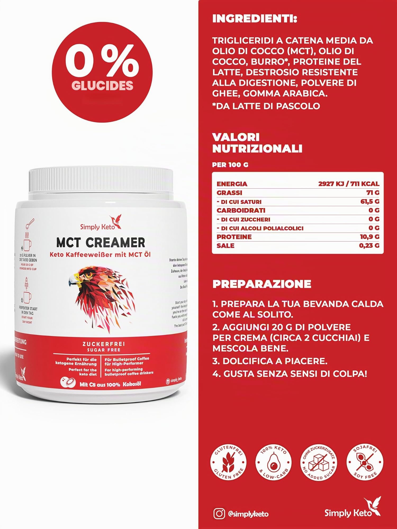 Simply Keto MCT Creamer 450g - Crème cétogène sans sucre pour le café Bulletproof - Avec de l'huile MCT, de l'huile de noix de coco et du beurre de pâturage - Optimisé pour la performance