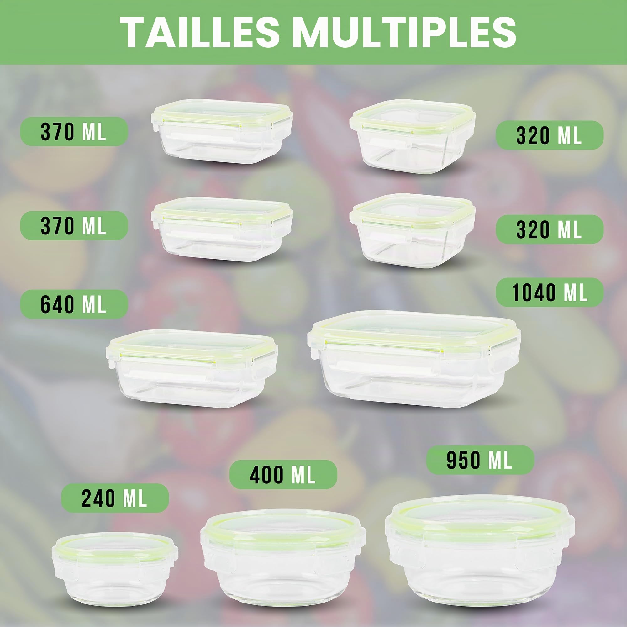 Boite Hermetique Alimentaire Verre - Boite De Conservation Alimentaire, Récipient en Verre pour Conservation Alimentaire Peu Encombrants Pour Micro-Ondes Et Congélateur (Set de 9, Vert)