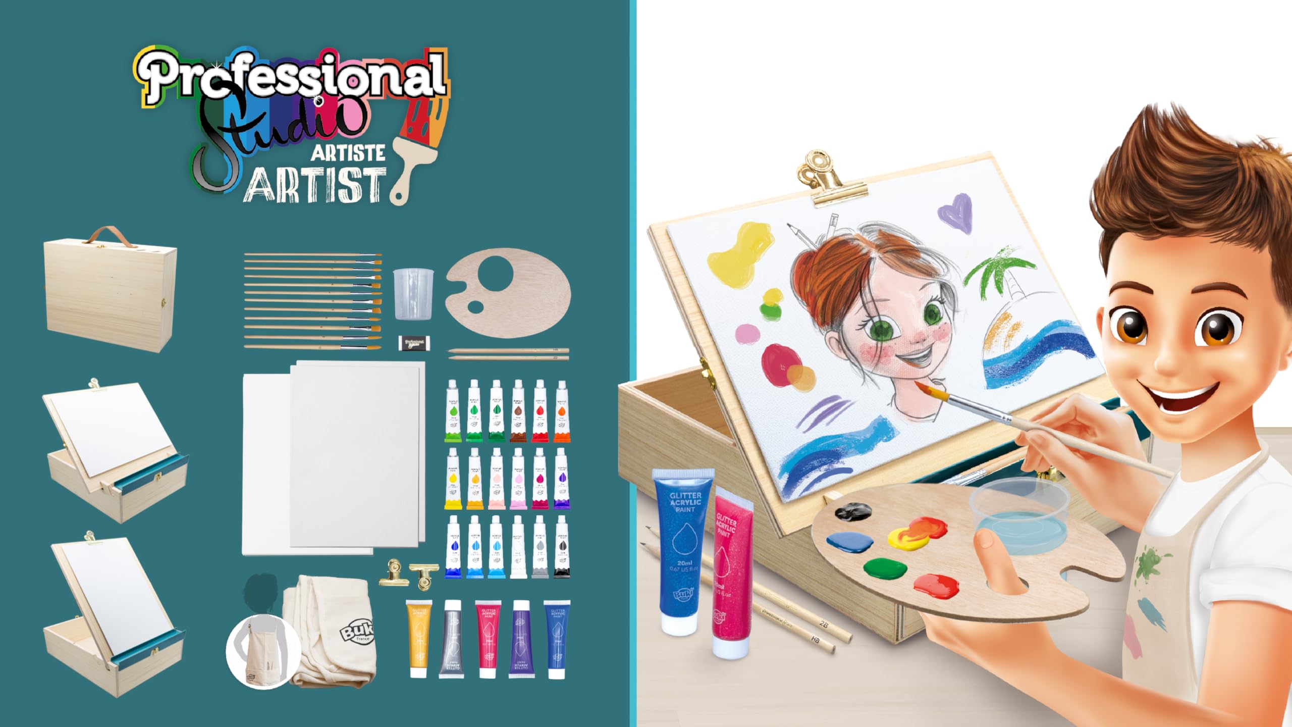 Buki France - Professional Studio Atelier Artist - Drewniana walizka z farbą akrylową z możliwością transformacji - kompletny zestaw z 18 tubkami do malowania i akcesoriami - ilustrowany przewodnik