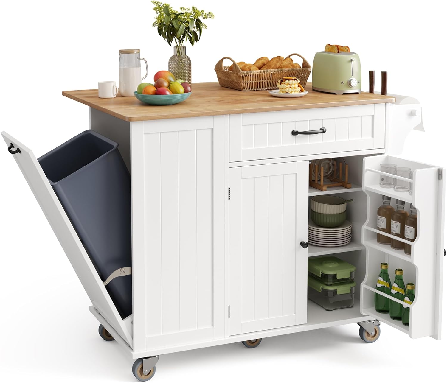 Ahomly Kitchen Island with Storage, 44.49" Kitchen Island with Trash Can Storage, Drop Leaf Rubberwood Top, Knife Holder, Adjustable Shelf, Towel Bar, Drawer, Spice Rack, White