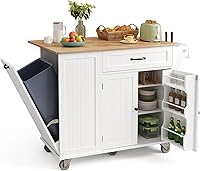 Ahomly 44.5" White Kitchen Island Cart with Trash Can Storage, Drop-Leaf Rubberwood Top, Knife Block, Drawer & Adjustable Shelves