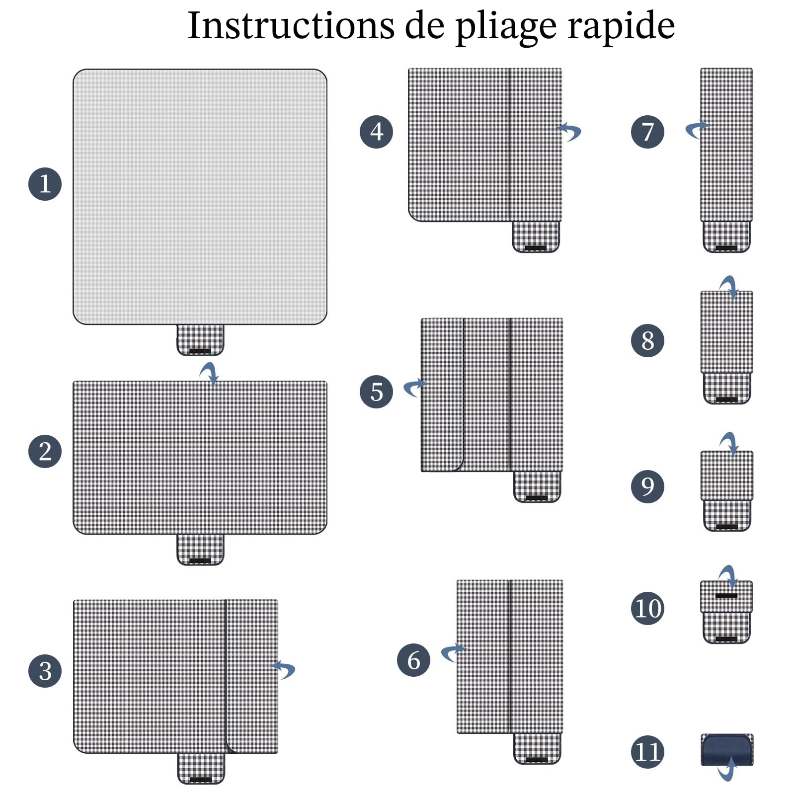 Grande couverture de pique-nique imperméable 200x300 cm pliable avec poignée lavable en machine (grille bleue)