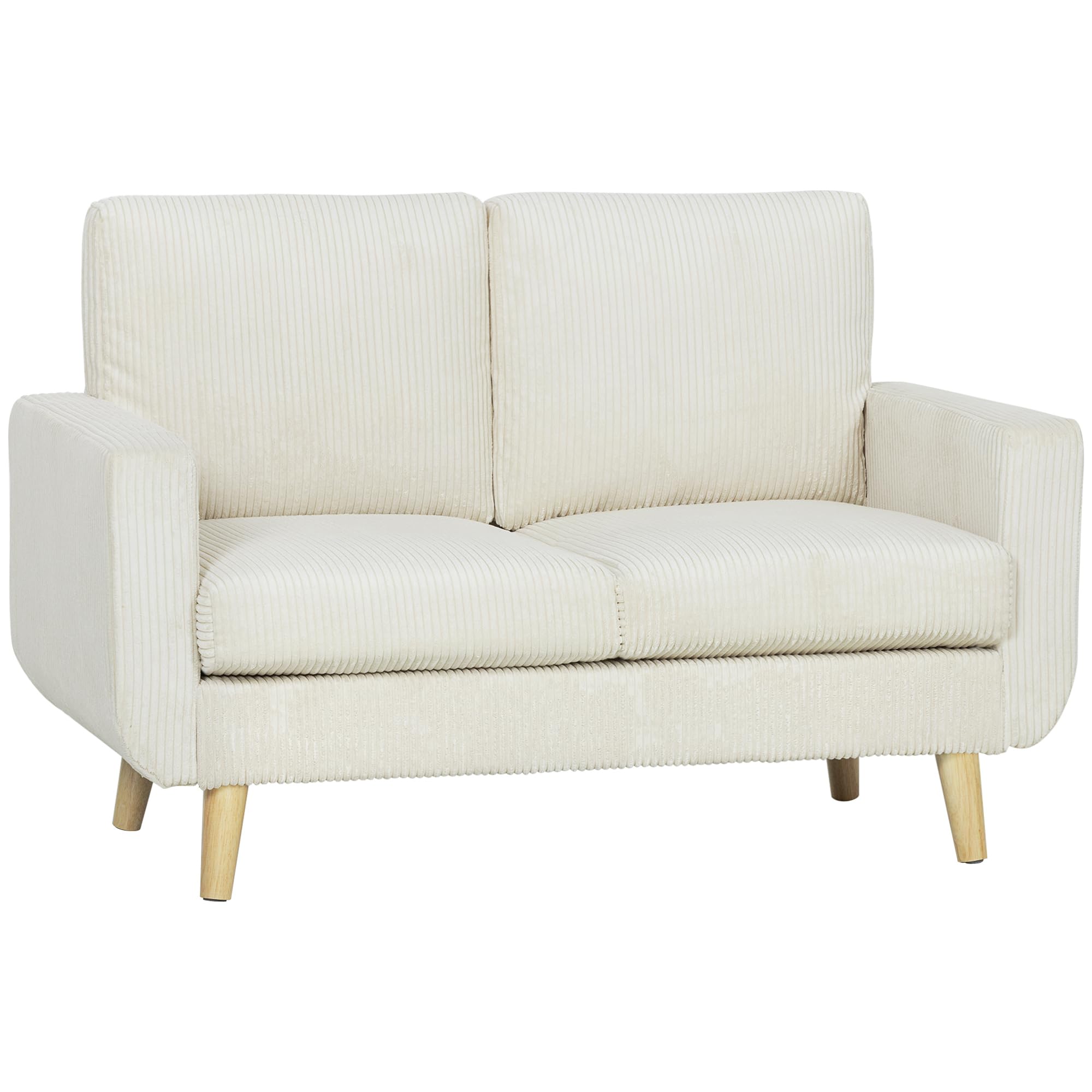 HOMCOM Sofá de 2 Plazas con Cojines de Resortes 134x74x84 cm Blanco Crema | Tapizado en Pana, Sofá Moderno, Acolchado, Respaldo Grueso, Patas de Madera, Dormitorio, Oficina, Sala de Estar