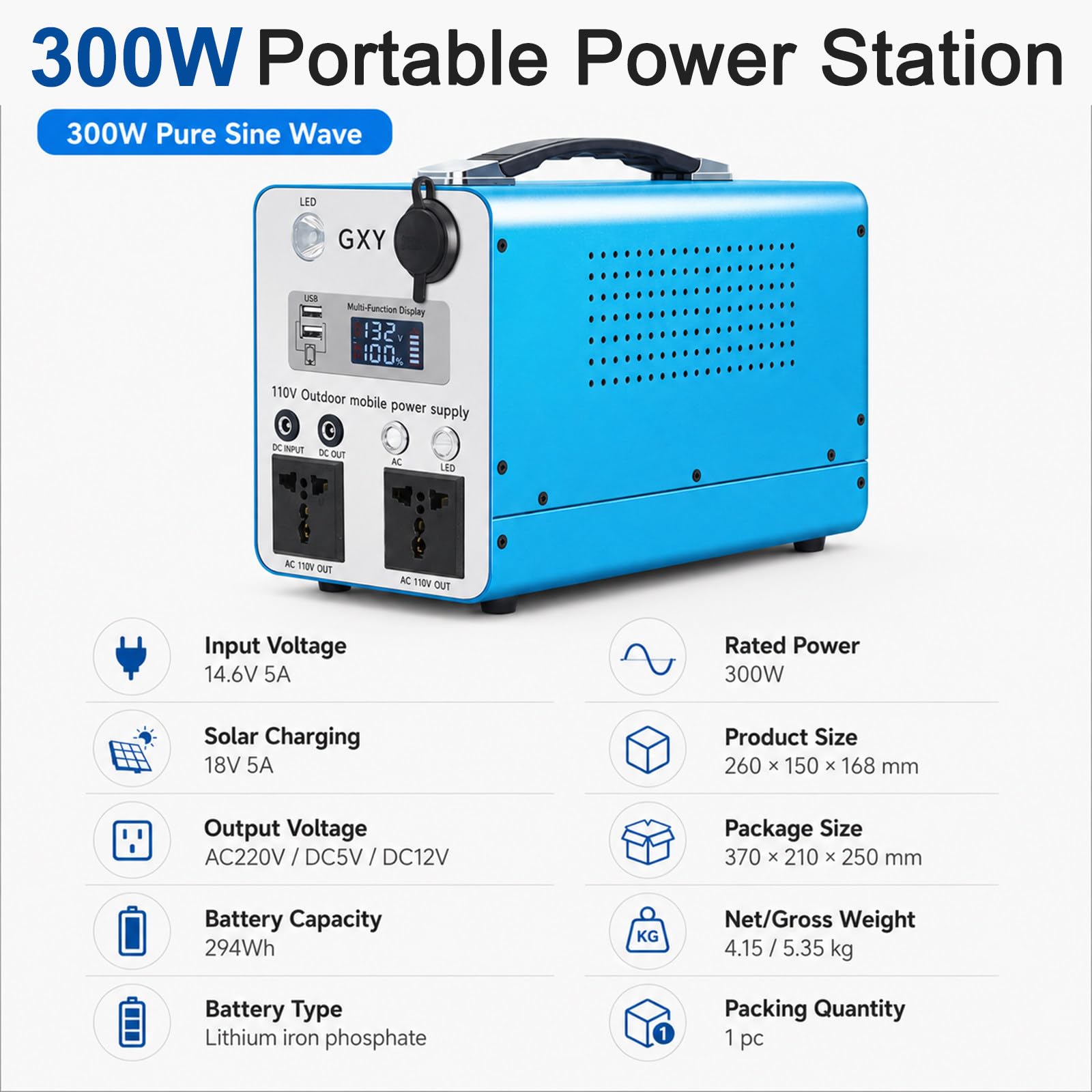 Generatore di corrente portatile da 300W/500W con batteria LiFePO4 300w | con prese CA a onda sinusoidale pura, ricarica rapida solare/auto/parete, durata di 2000 cicli, display e luce a LED