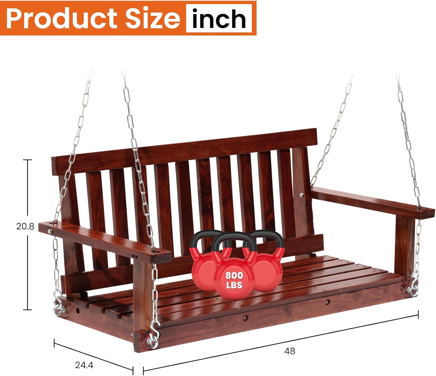 Upgraded Outdoor Wooden Porch Swings 48 Inch Outdoor Swings with Hanging Chains and Fixing Screw, Ergonomic Seat Heavy Duty 800 LBS Swing Bench for Outdoor Patio Garden Yard, Brown