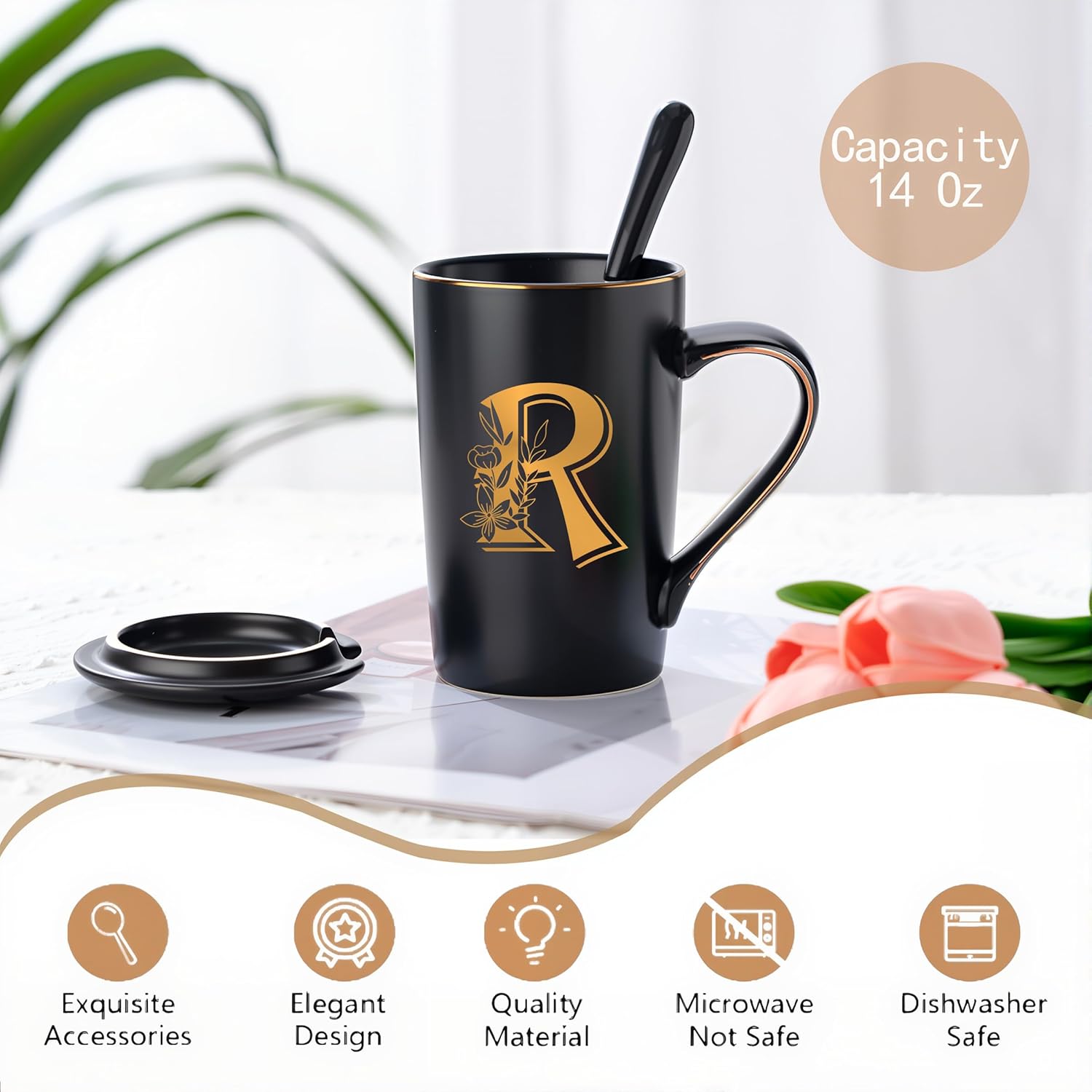 Letter R Personalized Initial Mugs with Flower, Letter R Personalized Coffee Mug, Customized Cool Letter Mugs for Women, Bridal Shower Gifts, Women's Initials Gifts Mug 14 OZ Matte Black - Image 4