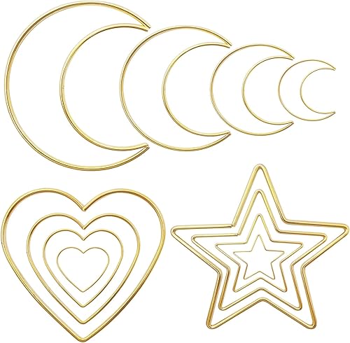 Anillos de metal dorados para atrapasueños, 12 piezas de macramé de metal para manualidades y anillos con forma de círculo de luna y estrella para