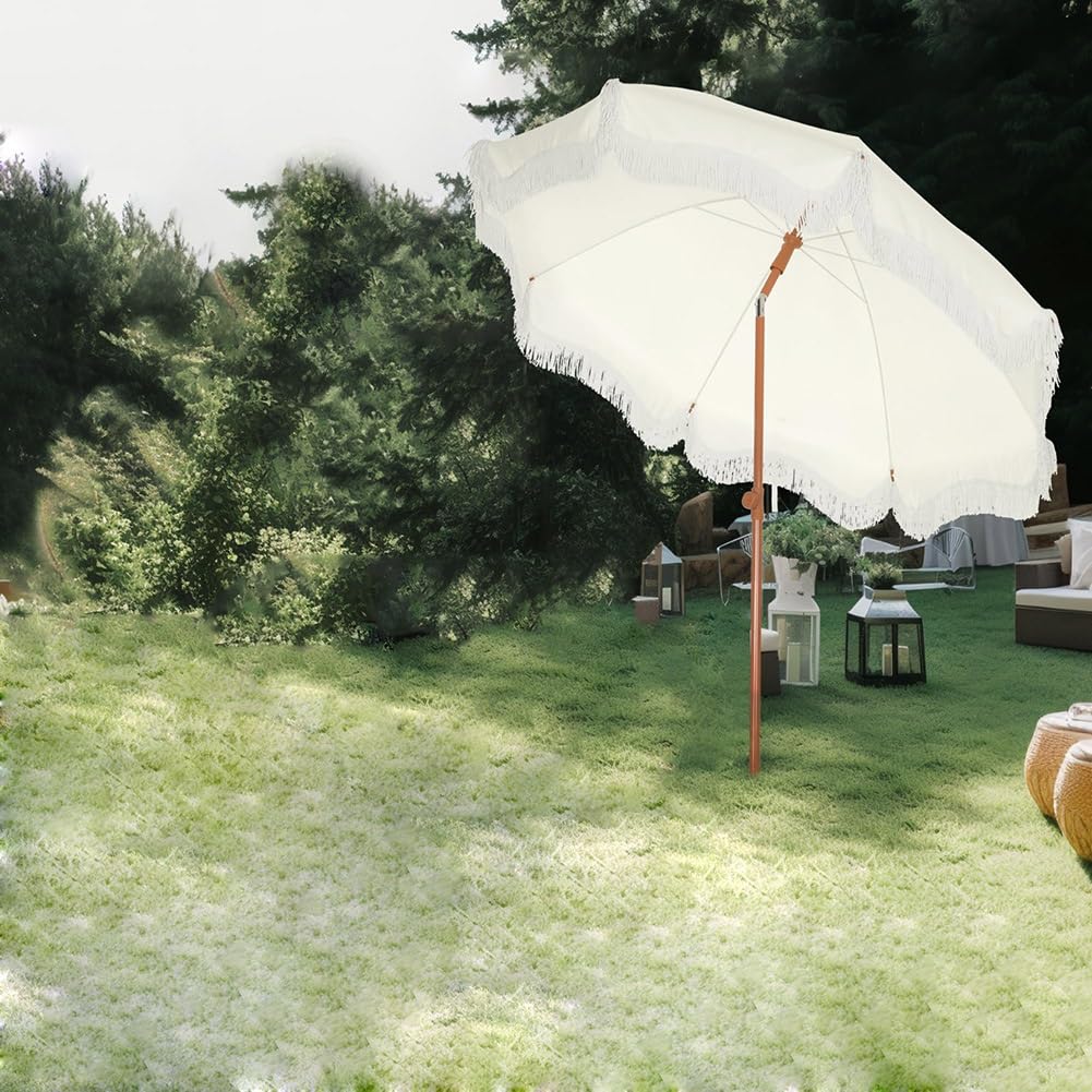200 CM Przenośny Parasol Ogrodowy Boho Fringe, Parasol Ogrodowy na Patio, Ochrona UPF50+, Odchylany Parasol Plażowy na Balkon, Rynek, Podwórko