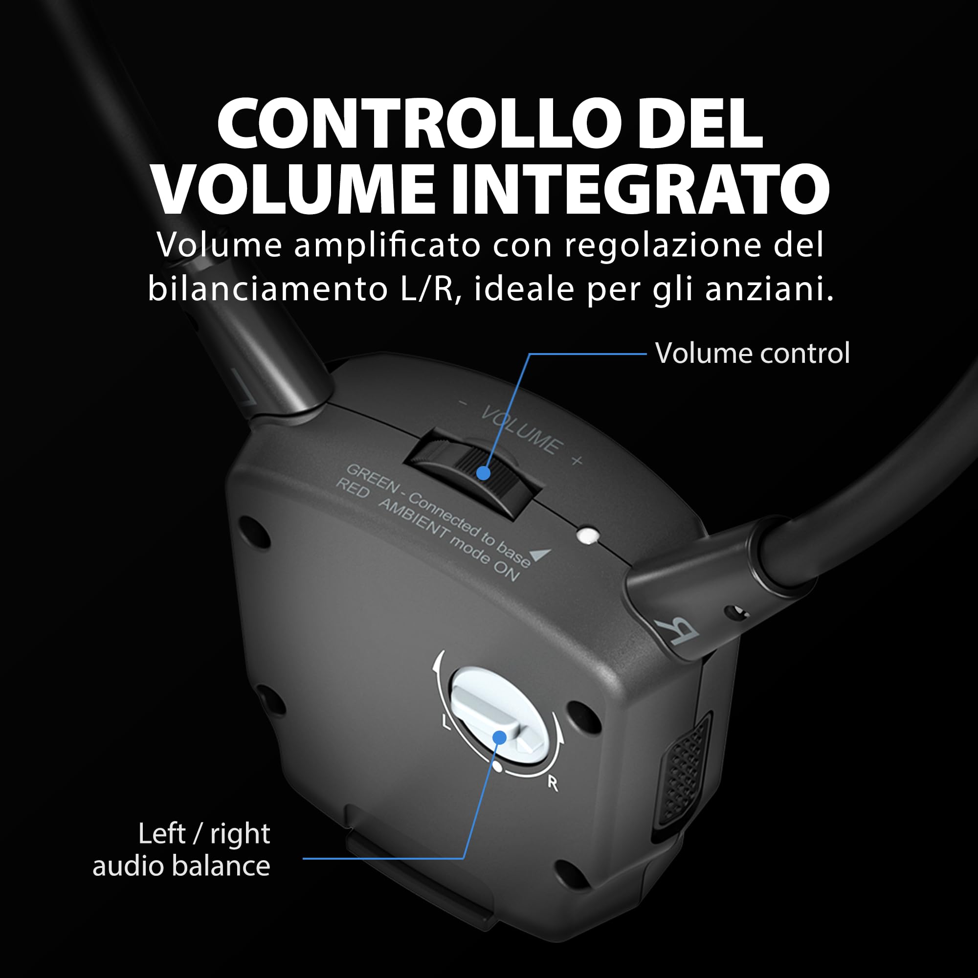 Avantree HT381- RF Digitale Cuffie Senza Fili la TV con Trasmettitore RF, Controllo del Volume Bilanciato L/R, Wireless Auricolari per Anziani, Compatibili con TV con Uscita Audio Ottica o AUX | Controllo Volume L/R, Suono Ambientale, 3 Modalità EQ, Trasm