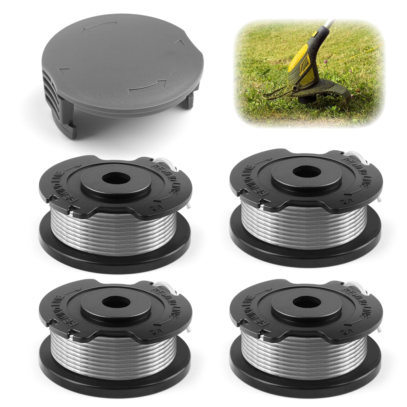 Bobina y línea para desbrozadora Bosch,4 pcs bobina de repuesto de recortadora cortabordes para F016800569,1 tapas para F016F05320 compatibles con Bosch EasyGrassCut 18/23/26/18-230/18-260(Ø1.65mm 6m)