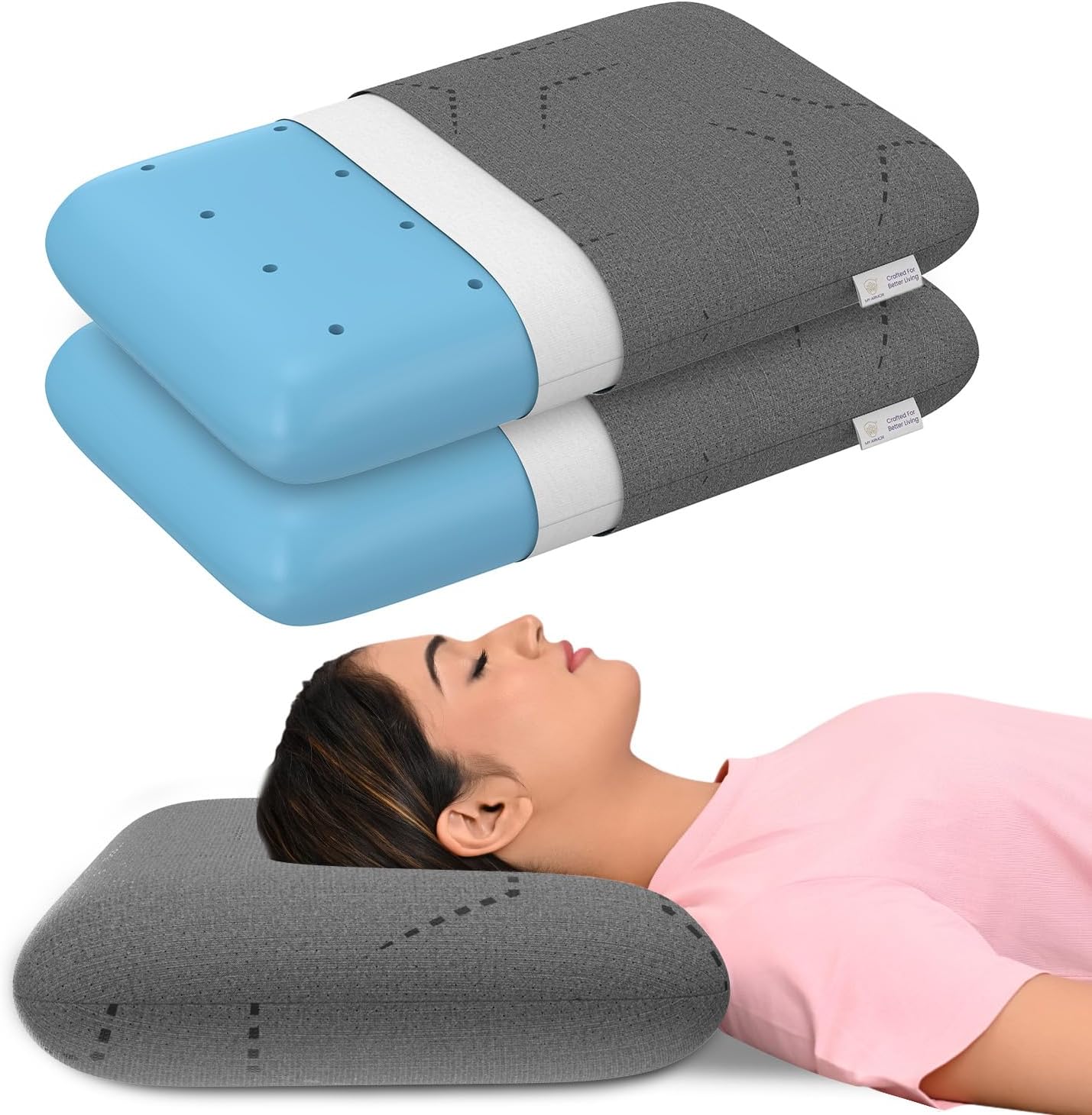 MY ARMOR Ventilated Cool Gel Memory Foam Pillow Set of 2, Orthopedic Pillows for Neck Pain Relief, King Size - 5 Inch Thick with Grey Colour Removable Washable Pillow Cover - Pack of 2