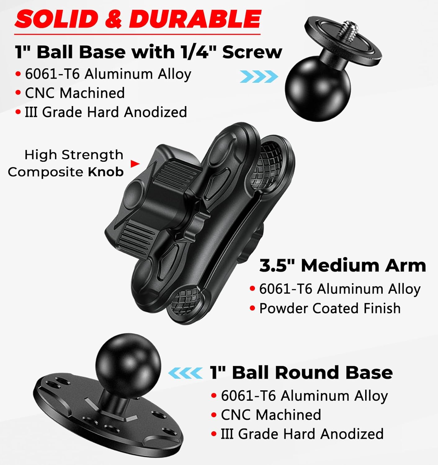VAZESWIN Aluminum Alloy Camera Mount - with 1/4" Thread Tripod Adapter for Gopro Insta360 DJI Action Cameras, 360° Rotation Adjustable 1" Ball Mount with AMPS Hole Round Base, for Car Boat Dashboard