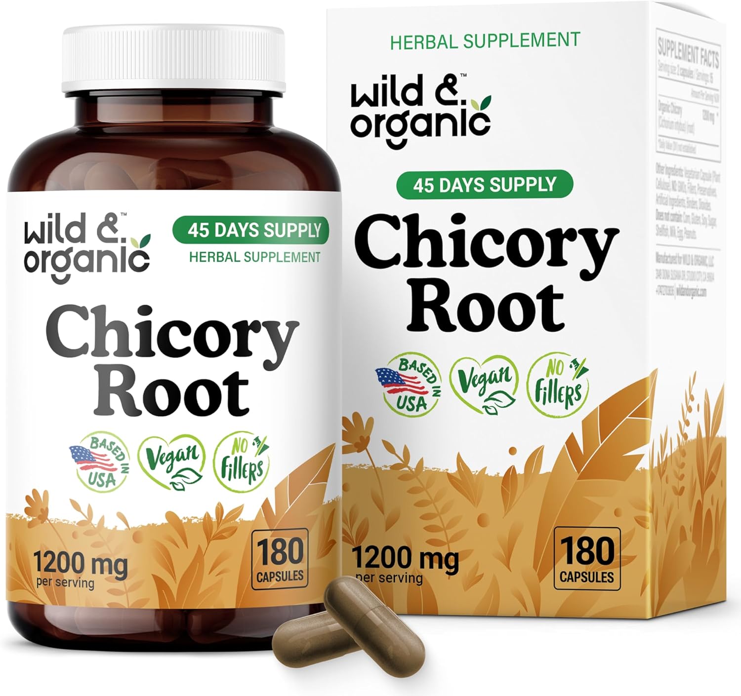 Wild & Organic Chicory Root Fiber Capsules - 1200 mg of Chicory Root Powder per Serving - Digestive & Gut Support - Inulin Prebiotic Fiber Supplement - Non-GMO, Vegan Inulin Capsules - 180 Count