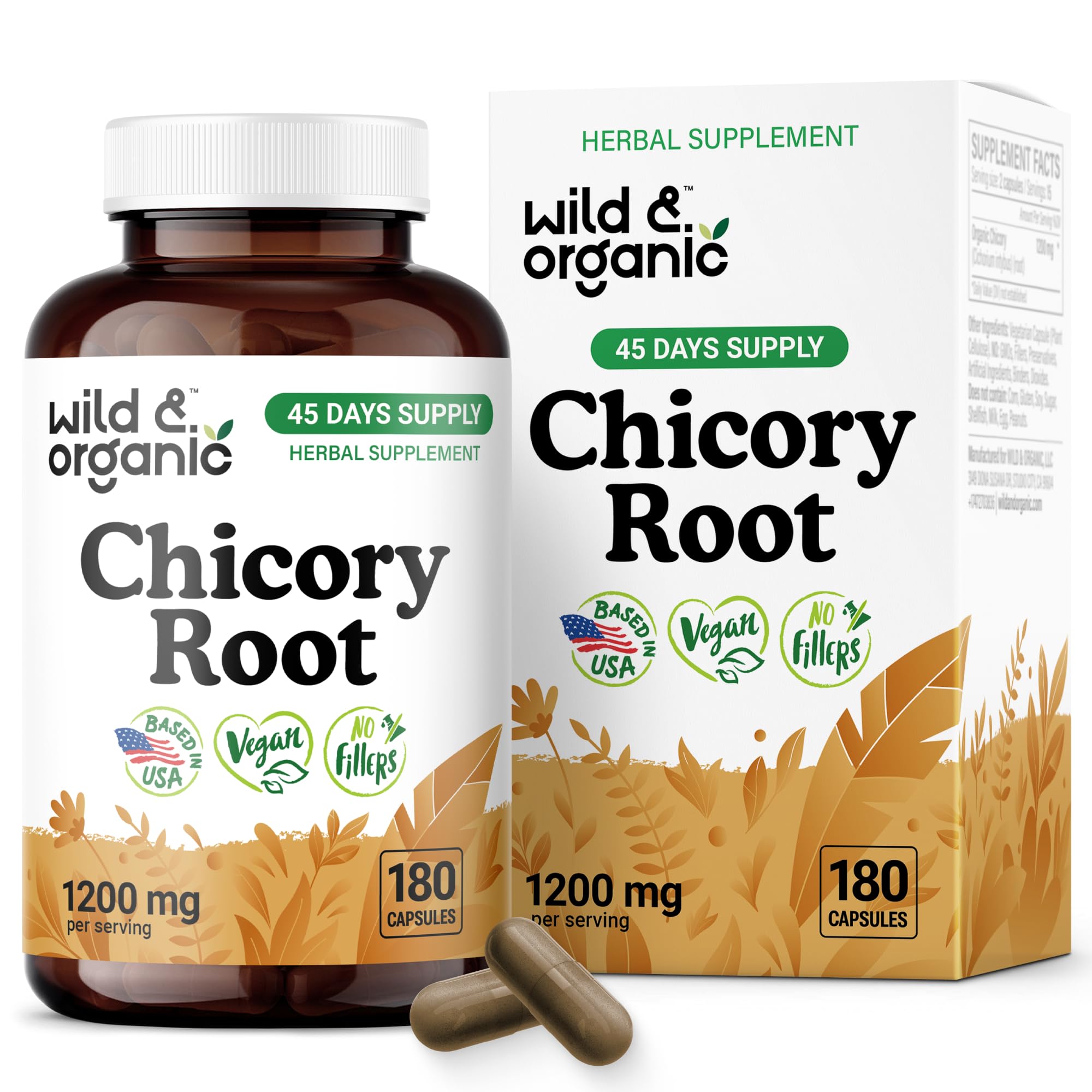 Wild & Organic Chicory Root Fiber Capsules - 1200 mg of Chicory Root Powder per Serving - Digestive & Gut Support - Inulin Prebiotic Fiber Supplement