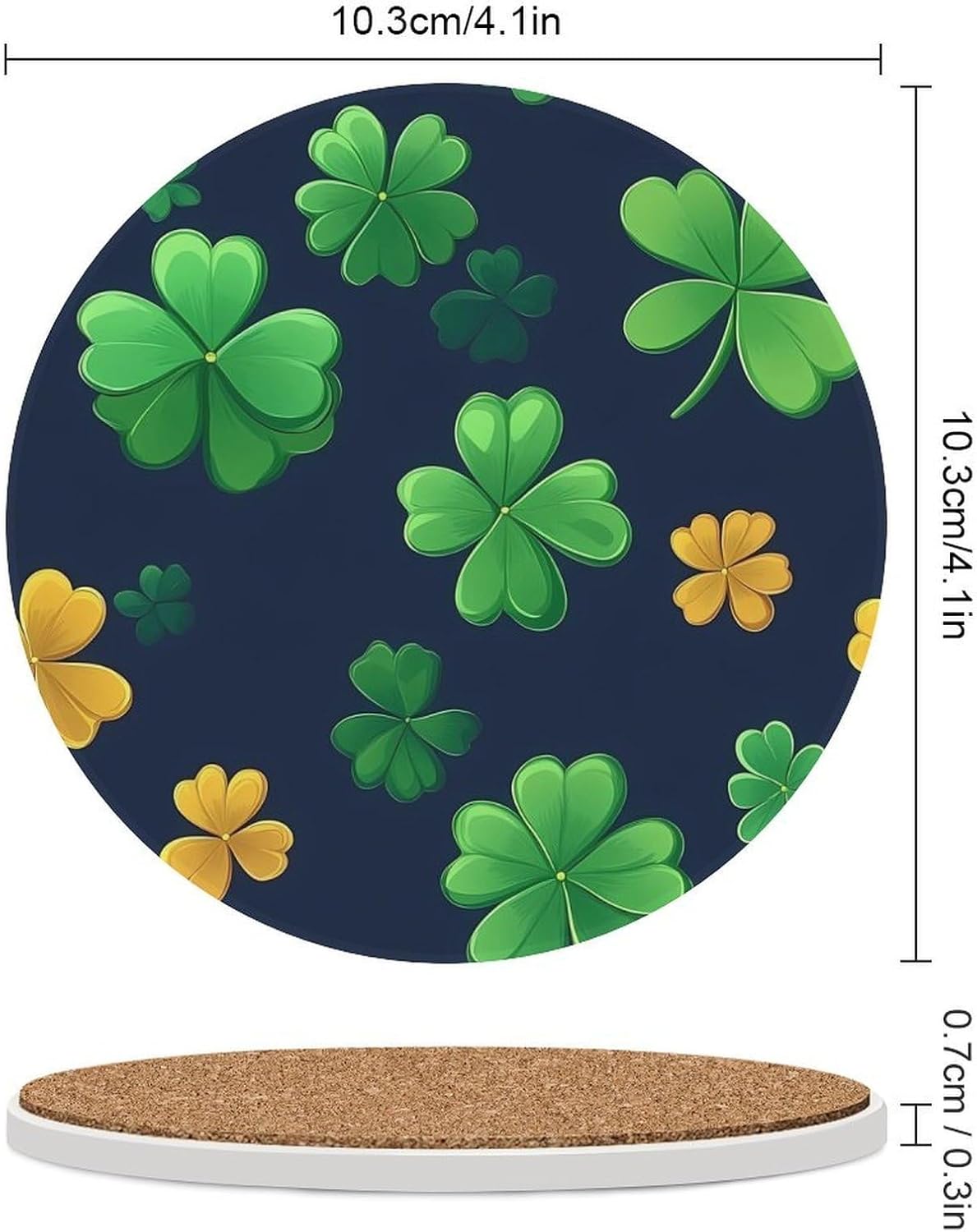 Shamrock Stpatricks Day Coasters for Drink Round Ceramic Coaster with Cork Base Home Decorative 6PCS
