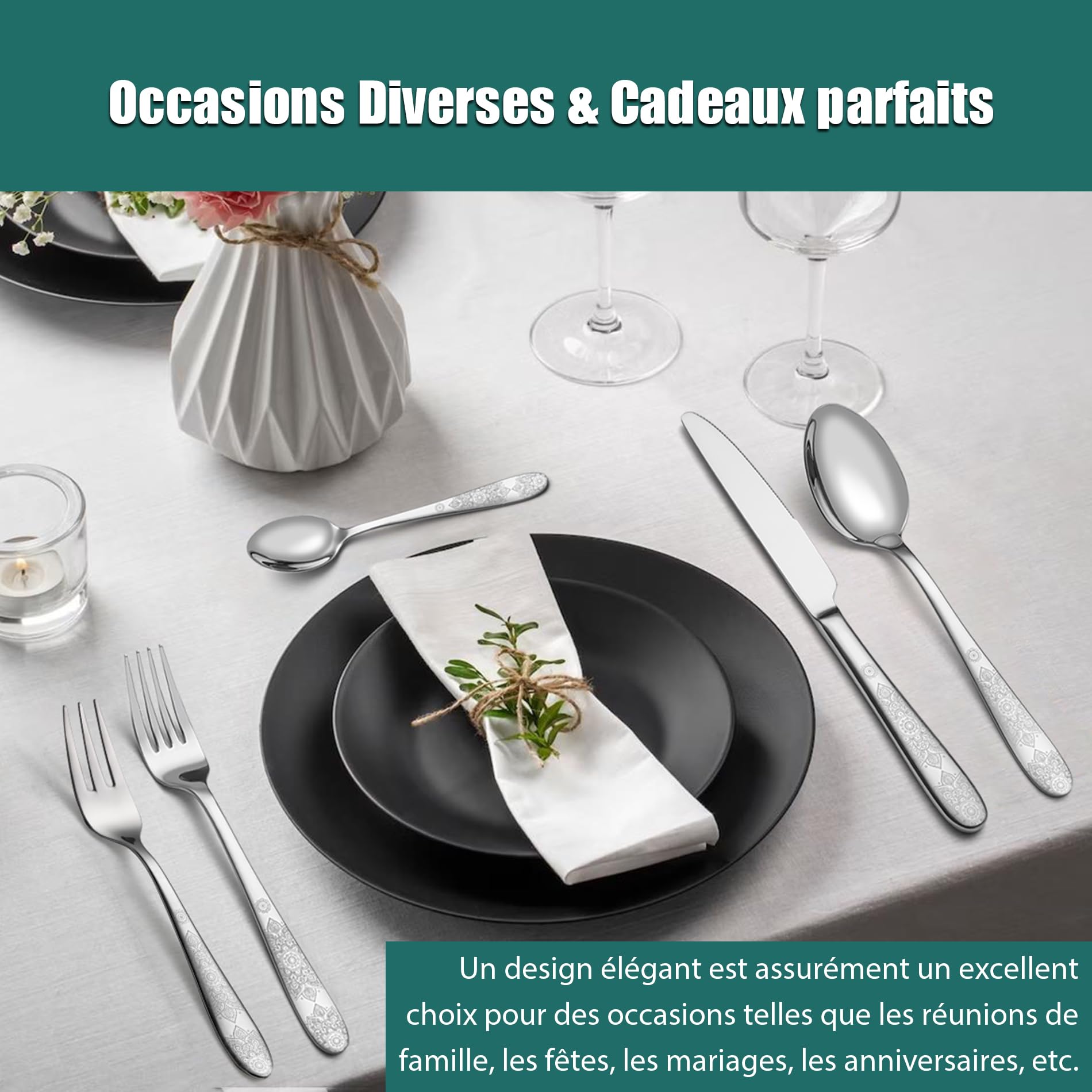Lot de 60 Couverts de Table Inox pour 12 Personnes, Couteau Fourchette Cuillère, Motif Unique, Finition Brillante, Idéal Maison Cuisine, Lavable au Lave-Vaisselle