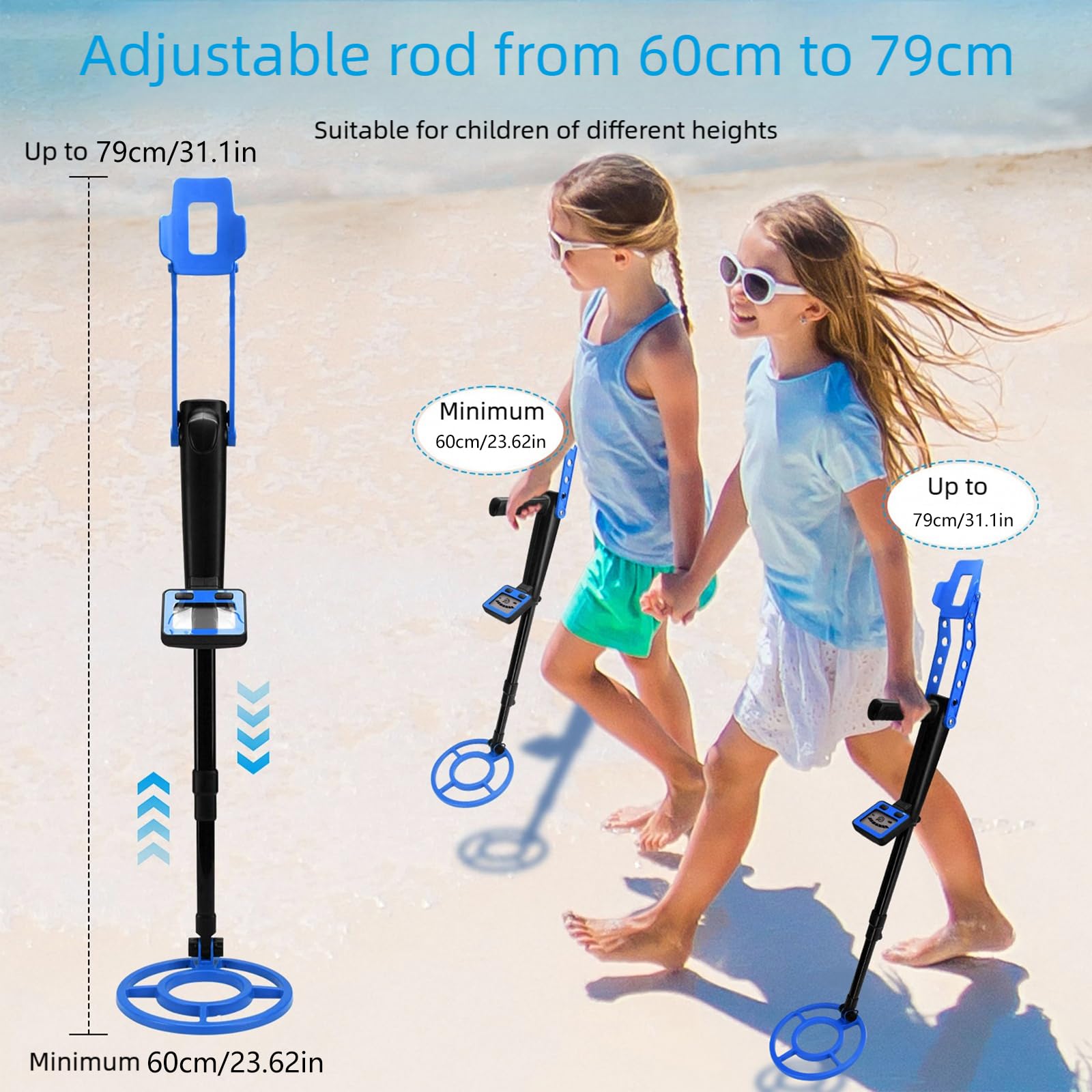 Metal Detector per bambini con asta estensibile da 79 cm Rilevatore tesori leggero da 1, 2 libbre per uso esterno Rileva metalli a 10 cm profondità Attrezzatura da caccia tesoro