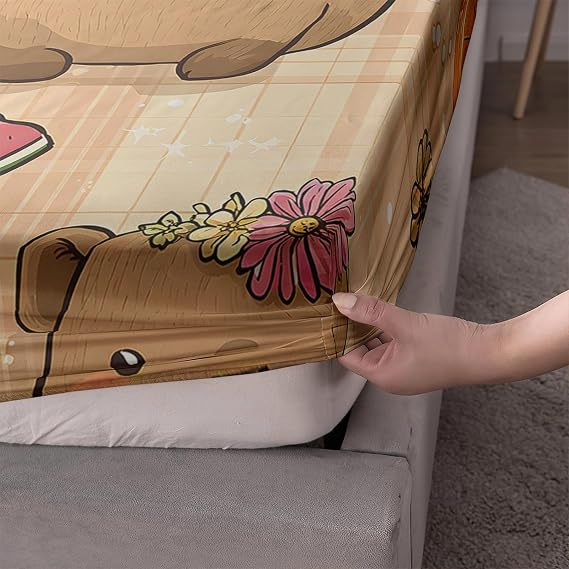 AILONEN Cute Capybara Bedding Set Twin Size - Cartoon Capybara Fitted Sheet & 2 Pillowcases - 3 Pieces Kawaii Animal Bed Sheet Set for Kids Teens Girls Boys