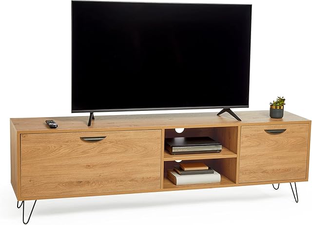 VonHaus TV Unit Oak Wood Effect - Industrial Style TV Cabinet - For TV's up to 80" - Large TV Entertainment Unit w/ 2 Storage Cupboards, 2 Shelves & Pin Legs - 35kg Capacity - For Living Room - Capri