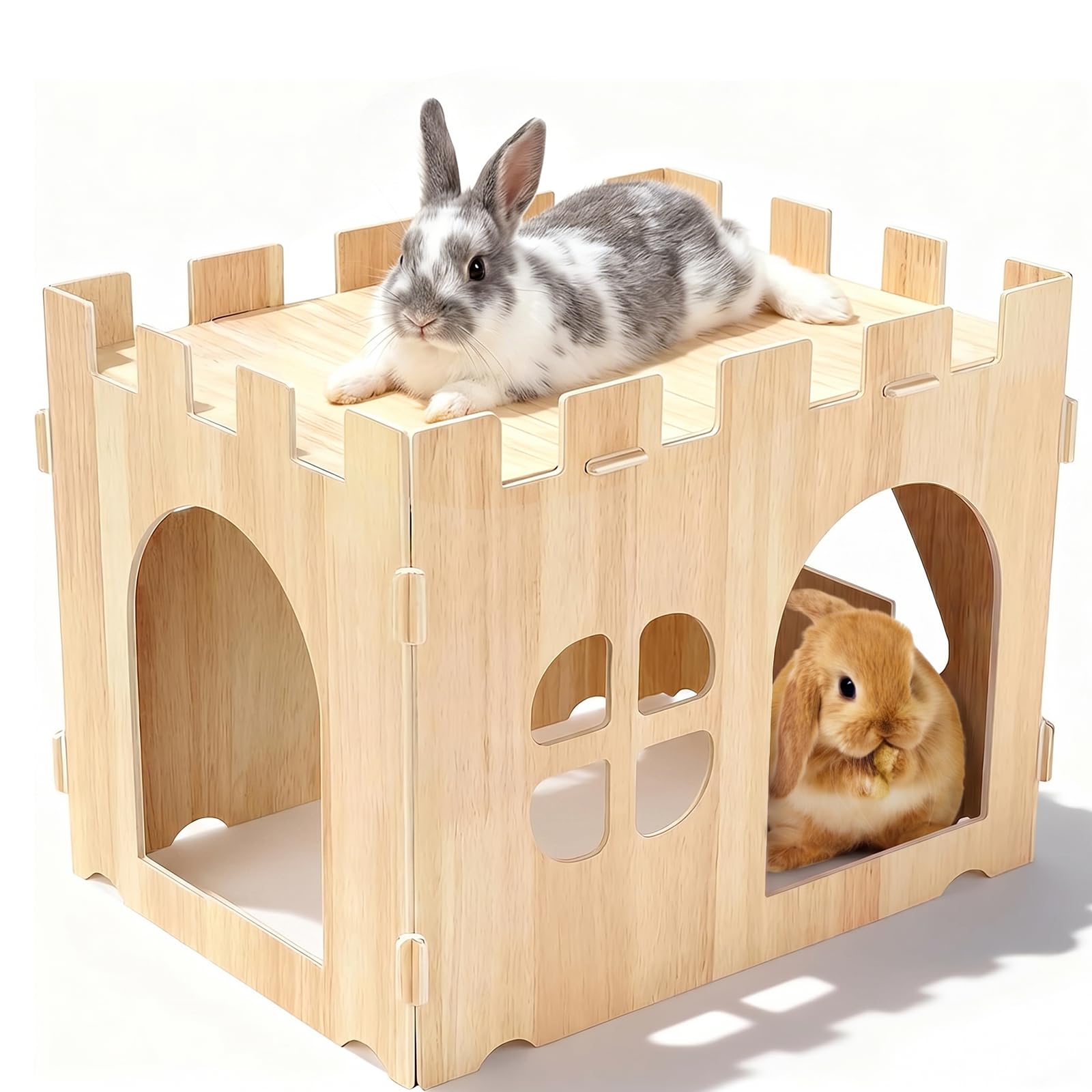 Wooden Rabbit House and Hideout, 40 x 30 x 30cm Large Bunny Castle