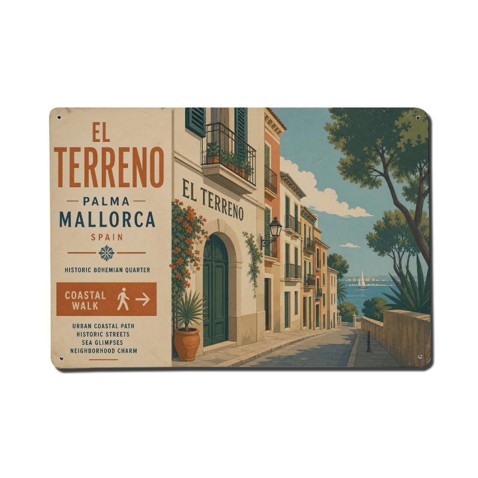 Vintage Travel Palma Terreno District Mallorca Historic Metal Tin Sign