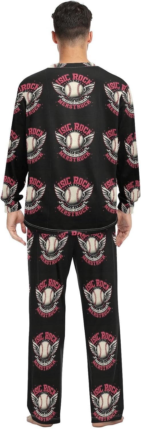 Couple Pajama Sets Retro Rock 'n' Roll Baseball PJs for Men Women Soft Warm Long Sleeve Sleepwear image 2