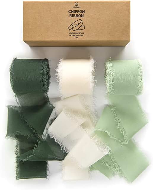 Vitalizart 3 Rolls Handmade Fringe Chiffon Silk Ribbon Gauze 1.5" x 7Yd Cream & Green Ribbons Set for Wedding Invitations,...