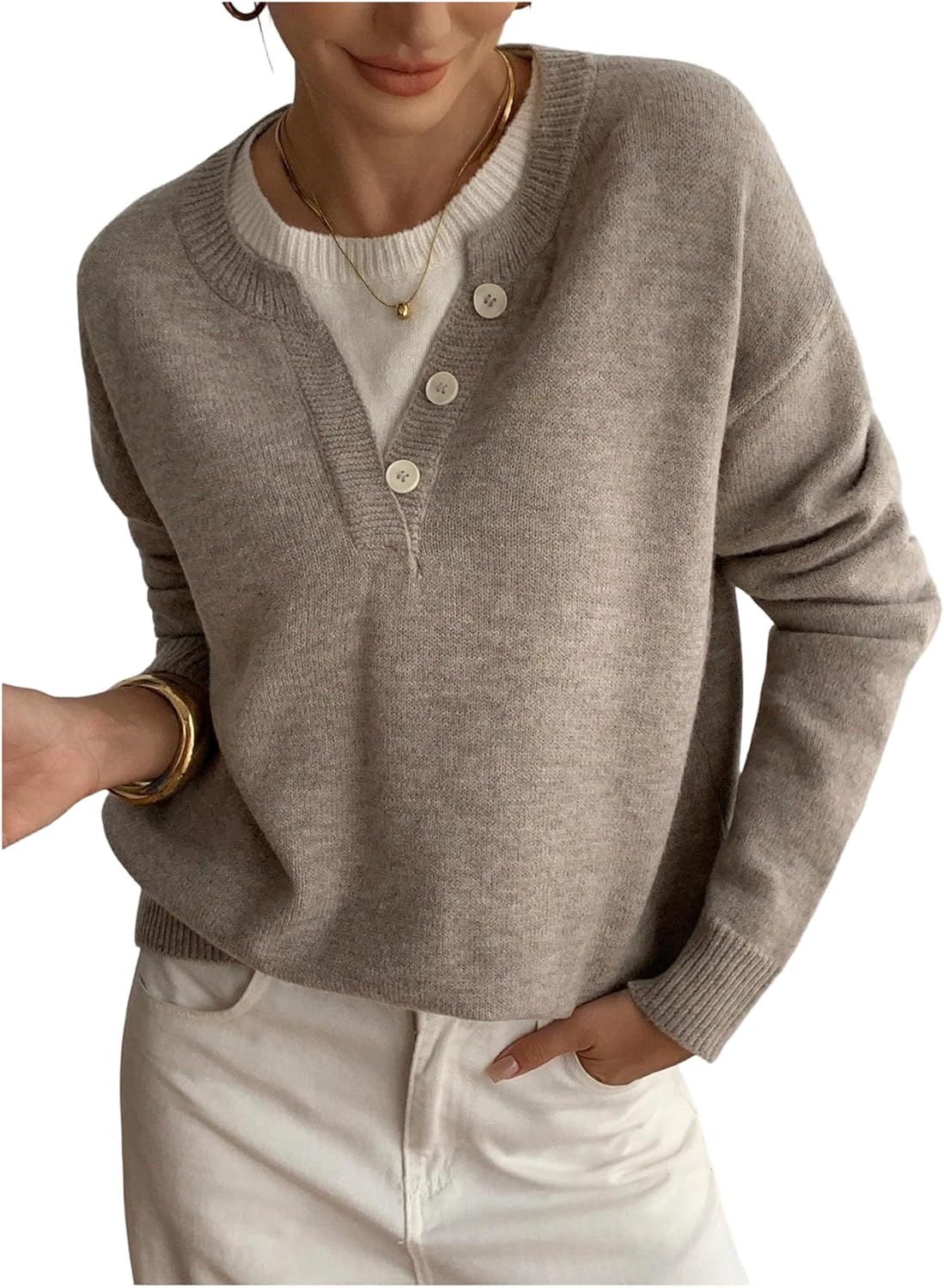 SOLY HUX Pullover Sweaters for Women Long Sleeve Button Crew Neck 2 in 1 Knitted Oversized Tops