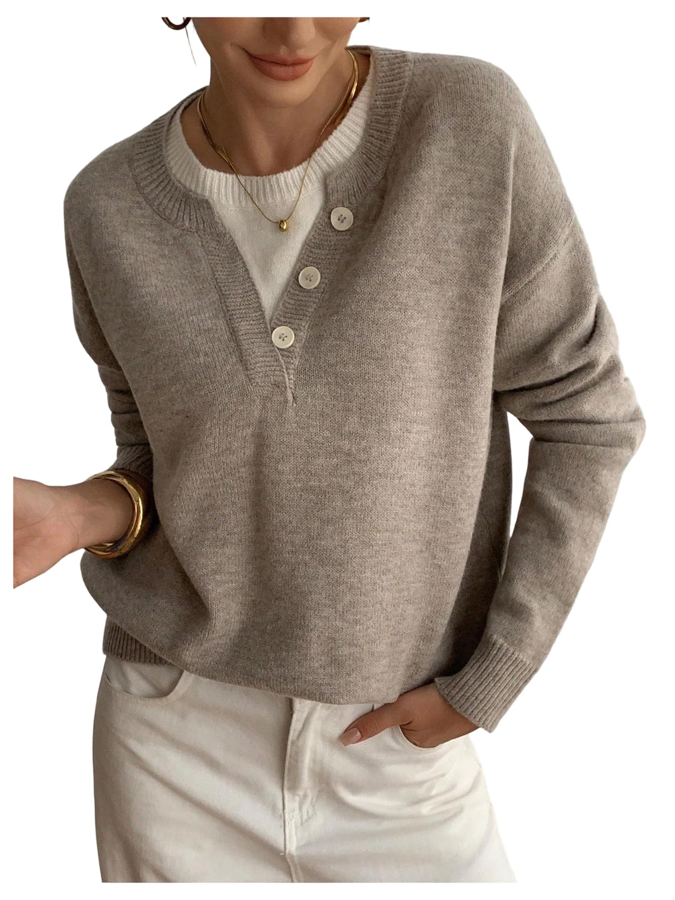 SOLY HUX Pullover Sweaters for Women Long Sleeve Button Crew Neck 2 in 1 Knitted Oversized Tops