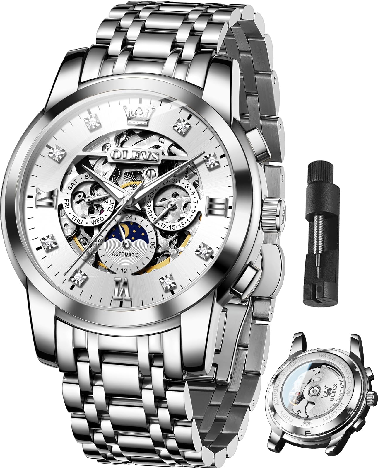 OLEVSMens Luxury Skeleton Automatic Watch Diamond Stainless Steel Mechanical Timepiece Gifts Luminous Waterproof, G6721: Silver band & White dial