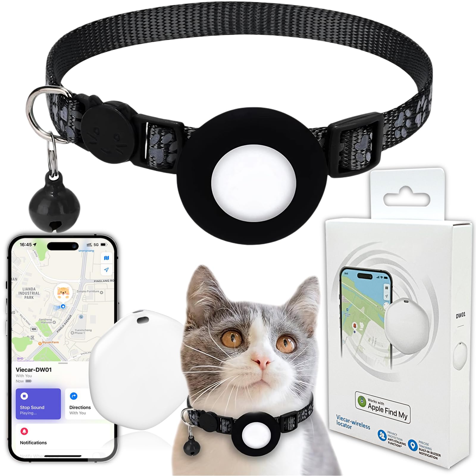 GPS Tracker for Cats, Mini GPS Pet Tracker with Collar, IP68 Waterproof Cat Trackers,No Monthly Fee,Work with Apple Find My(iOS Only),Smart Trackers for Pets(Black)
