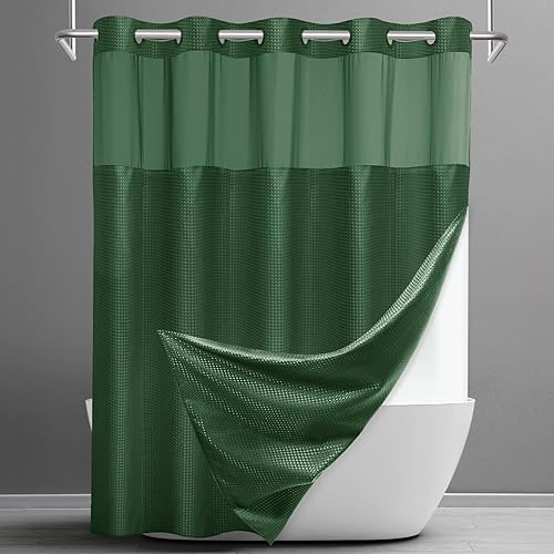 Miniatura 28 de Cortina de ducha sin gancho con forro a presión, cortina de ducha de gofre para baño, tela estilo hotel, forro interior impermeable, 71 pulgadas de