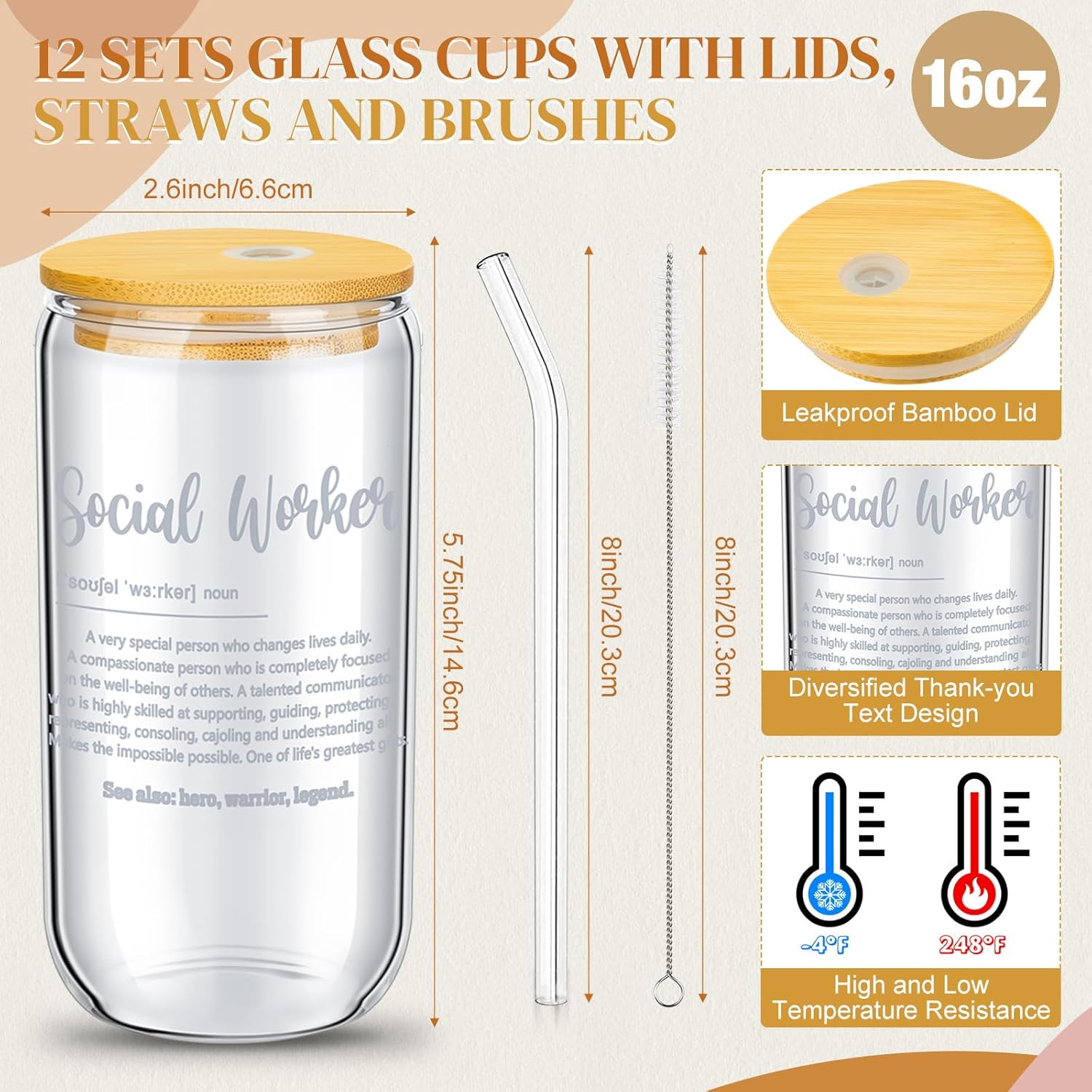 12 Set Social Worker Appreciation Gifts Bulk Employee Appreciation Cups for Team Staff Coworker Thank You Gifts Glass Cups 16 oz Can Shaped Beer Glass with Lids Straws(Classic) - Image 2
