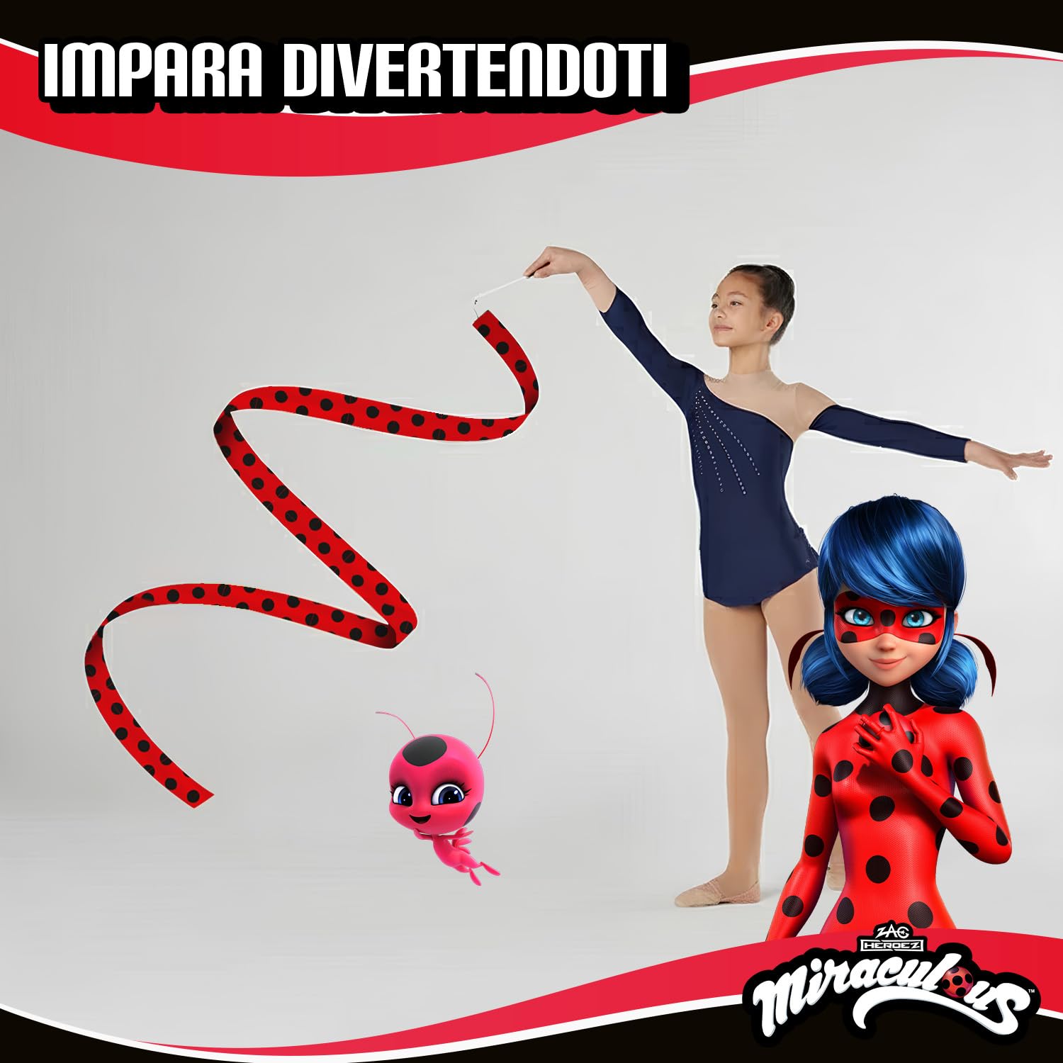 Miraculous Ufficiale – Set di 2 Nastri da Ginnastica Ladybug (2 m) – Motivo Coccinella – per Danza, Ginnastica, Ritmica, Circo, Sport – Accessori Bambini, Competizione, Allenamento – Original Corner