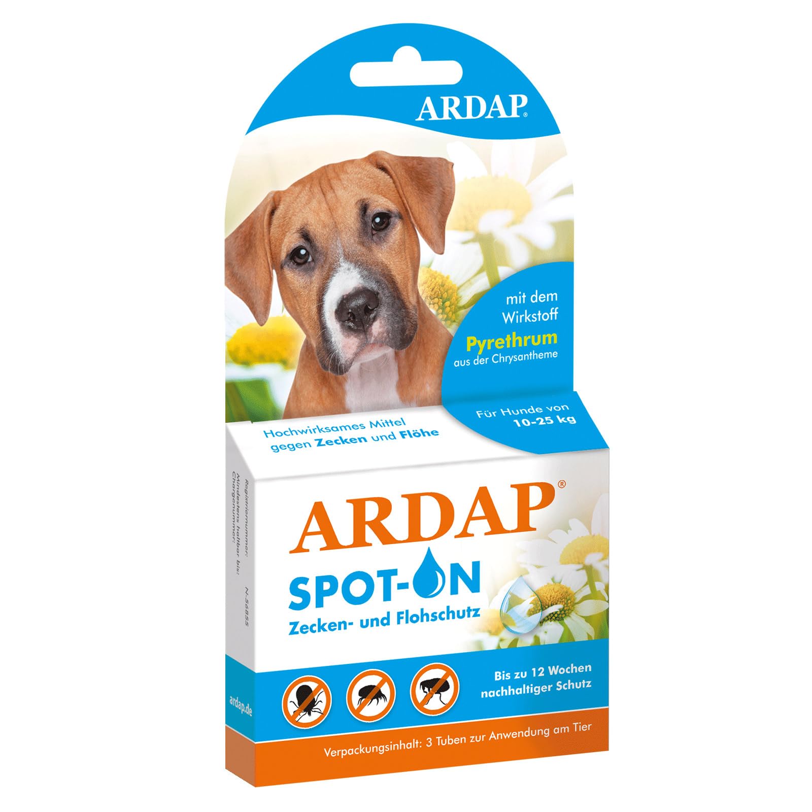 ARDAP Spot On für Hunde von 10 bis 25kg - Natürlicher Wirkstoff - Zeckenmittel für Hunde, Zeckenschutz Hund, Flohmittel Hund - 3 Tuben je 2,5ml - Bis zu 12 Wochen nachhaltiger Langzeitschutz (PT19)