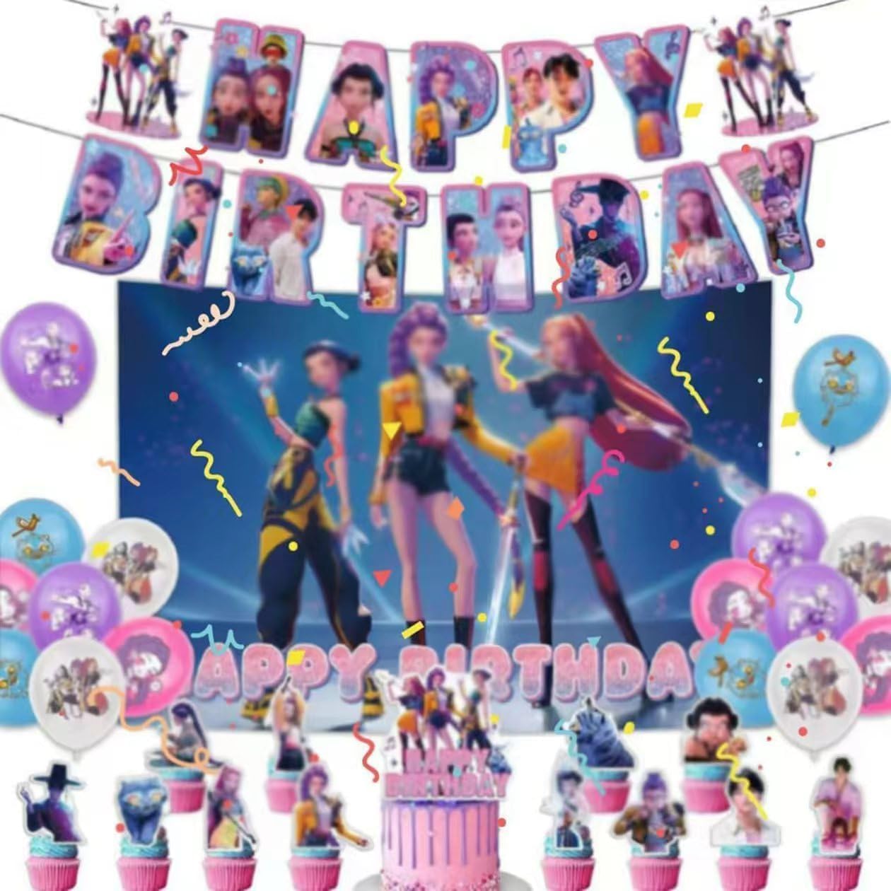 Birthday Decorations De-mon Movie H-hunters Party Decorations Happy Birthday Banner Pink Balloons Pull Flag Cake Flag Balloon