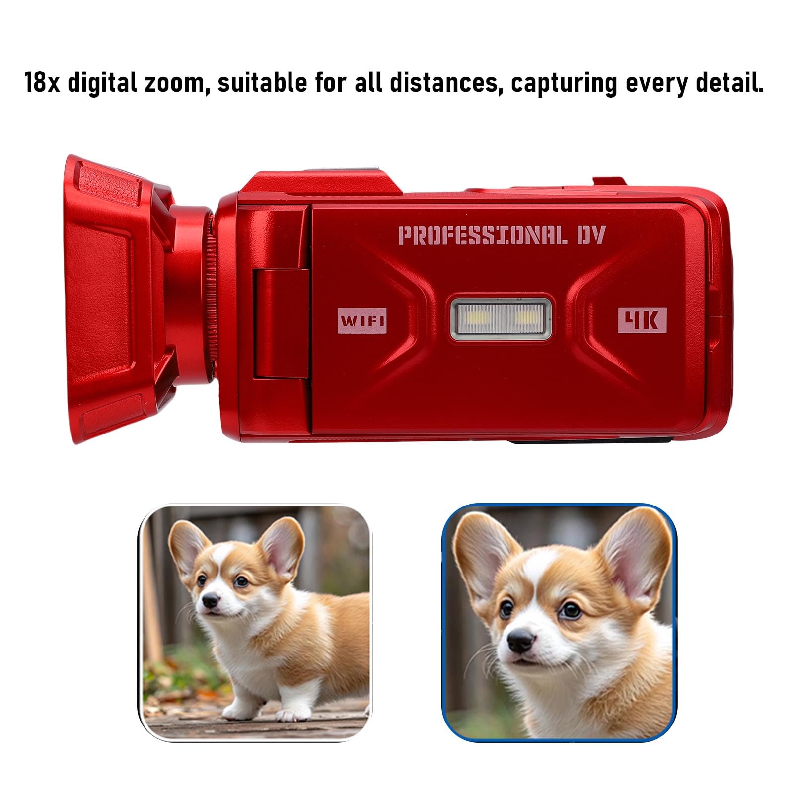 Kamera Wideo 4K, Kamera WiFi 64 MP z Obrotowym Ekranem 3,0 Cala, Stabilizacja Obrazu z 18-krotnym Zoomem Cyfrowym, do Nagrywania w Szkole Weselnej w Podróży (czerwony)