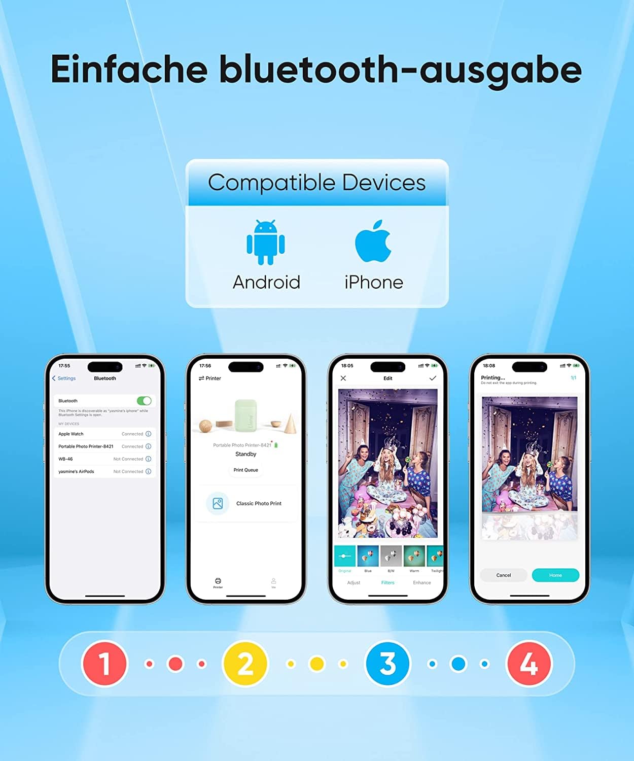 Liene Mini przenośna drukarka fotograficzna 5 x 7 cali z 5 samoprzylepnymi papierami cynkowymi, Bluetooth 5.0, kompatybilna z iOS/Android, mała drukarka fotograficzna do iPhone'a, biała