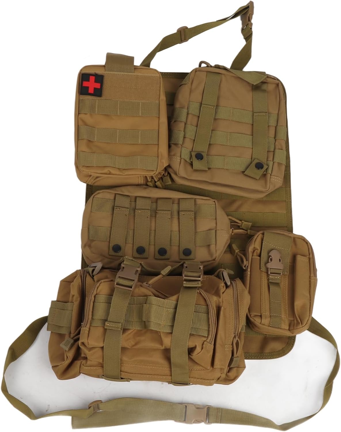 Molle Seat Back Pouch Car Molle Organizer with 5 Bags for Personal Item Storage, Fabric Material, Waist Bag Included (Khaki)