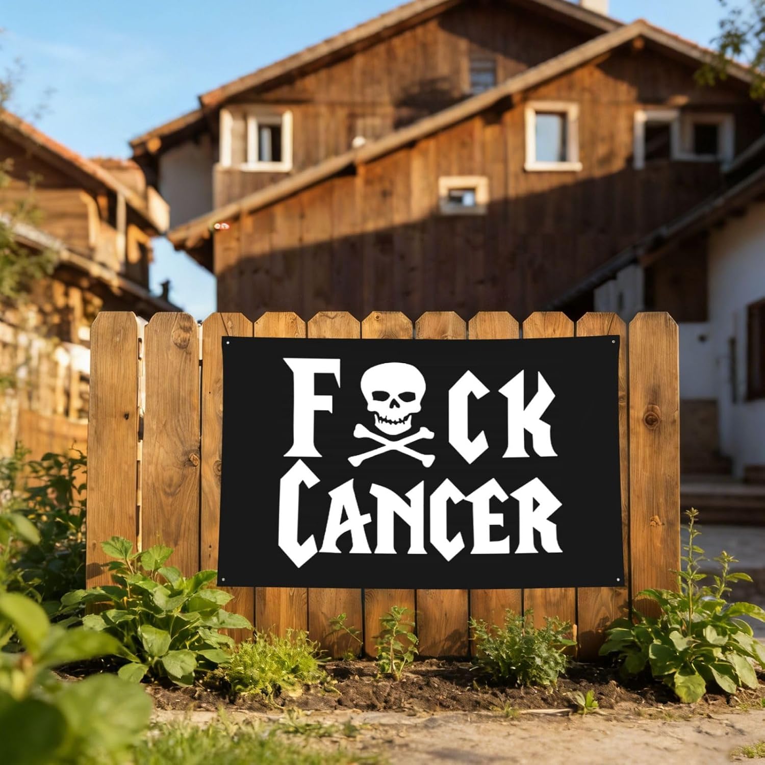 Fuck Cancer Skull & Crossbones Flag Poster Durable Wall Banner with 4 Brass Grommets 2x3 Ft Tapestry for Indoor & Outdoor Decor, Perfect for Home,Porch,Garden,Yard image 4