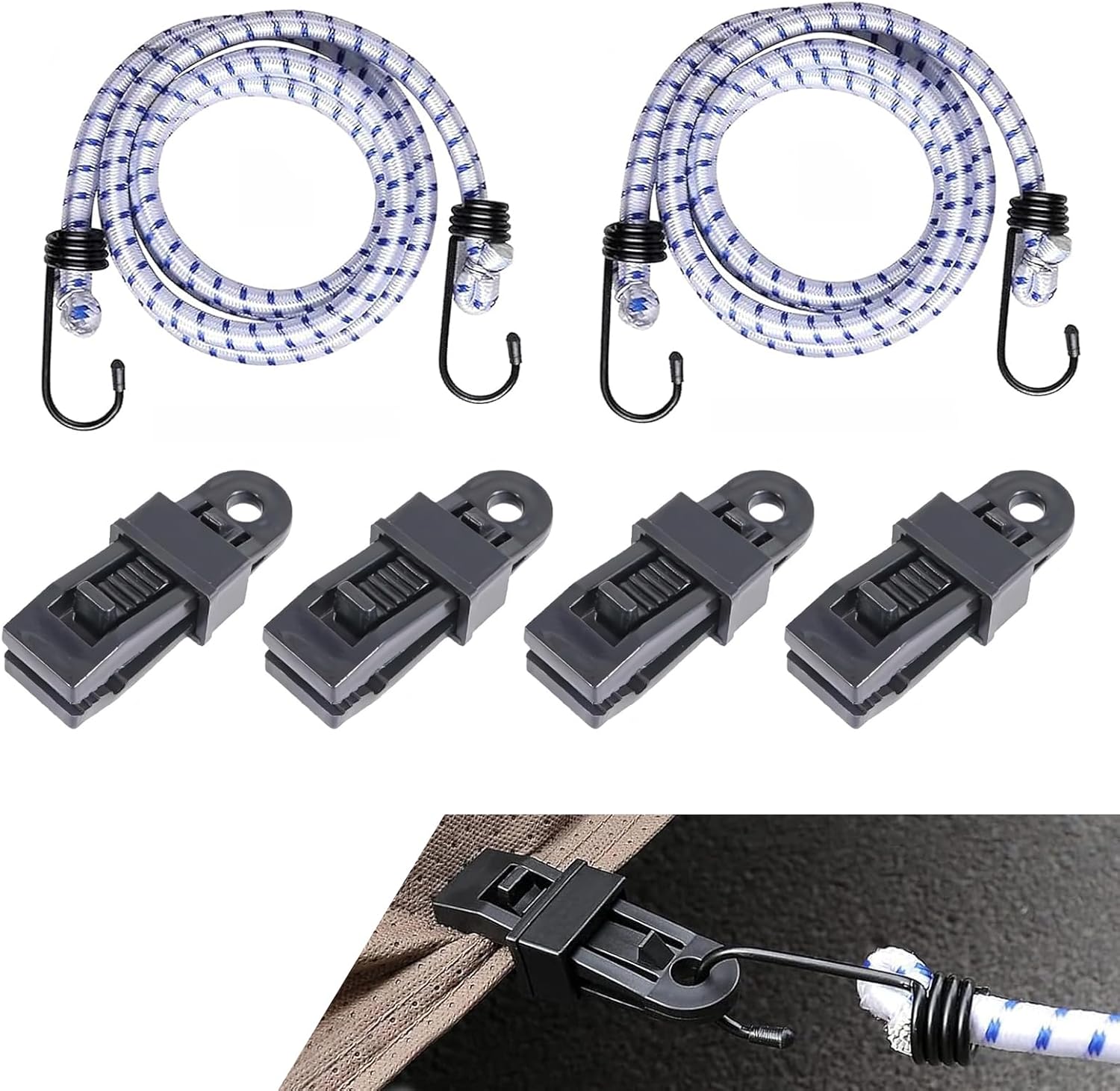 Car Wind Protector Cover Gust Straps, Wear-Resistant Tensile Strong Load Rope, Elastic Bungee Cords with 4 Windproof Clip, Universal Tool for Car Cover from Blowing Off in High Winds (White)