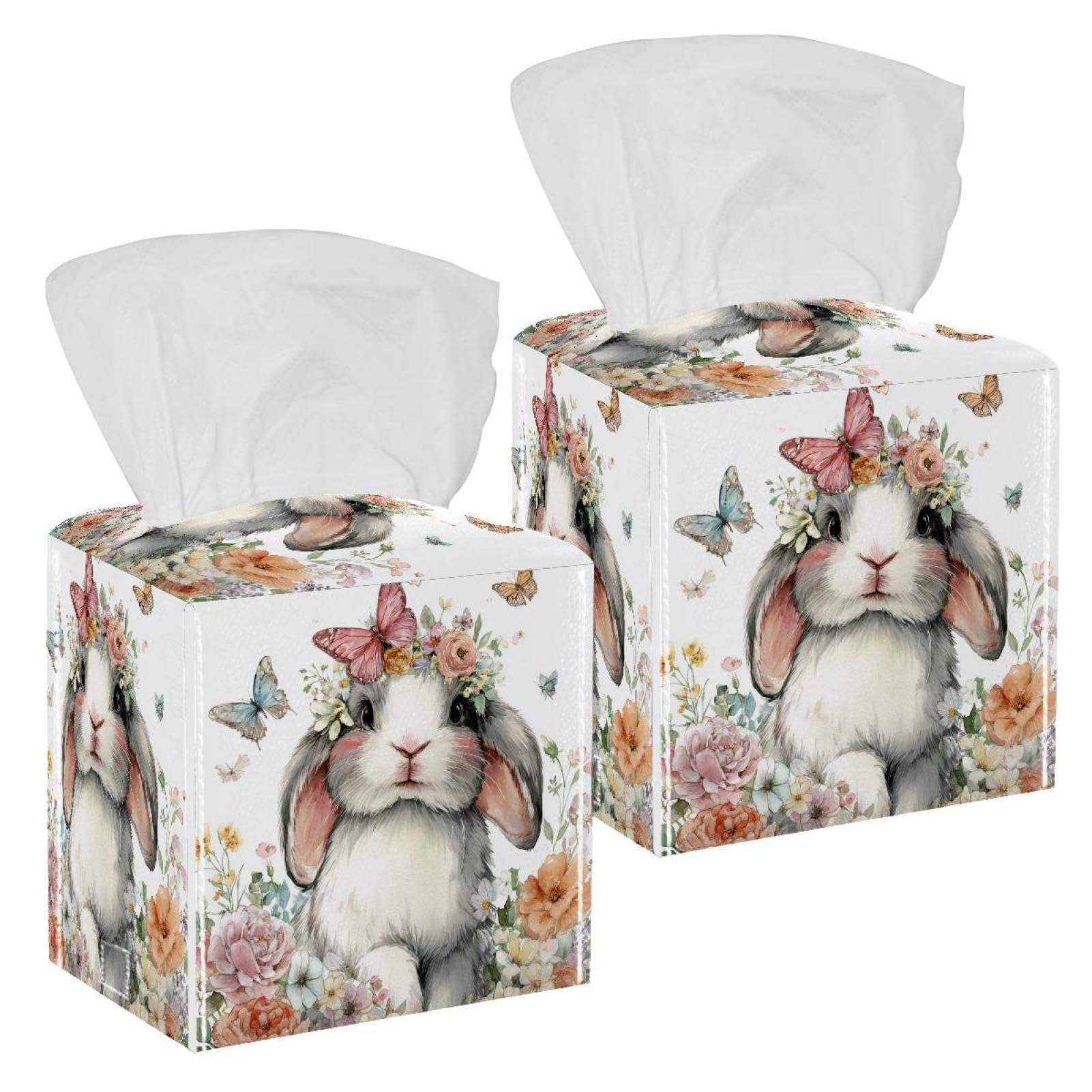 Cute Rabbit Tissue Box Cover, 2 Pack PU Leather Square Facial Tissue Dispenser Box holder for Home Office Car