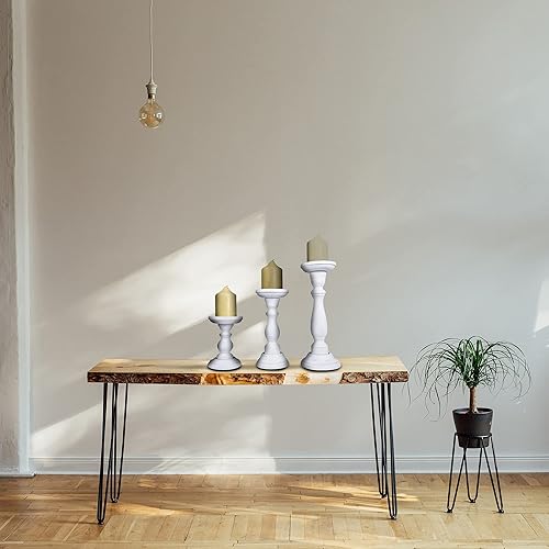Miniatura 5 de Mela Artisans Portavelas de pilar de madera Diseño Tuli Juego de 3 candelabros de madera de mango Blanco mate Tamaños de 6 pulgadas y 9 pulgadas